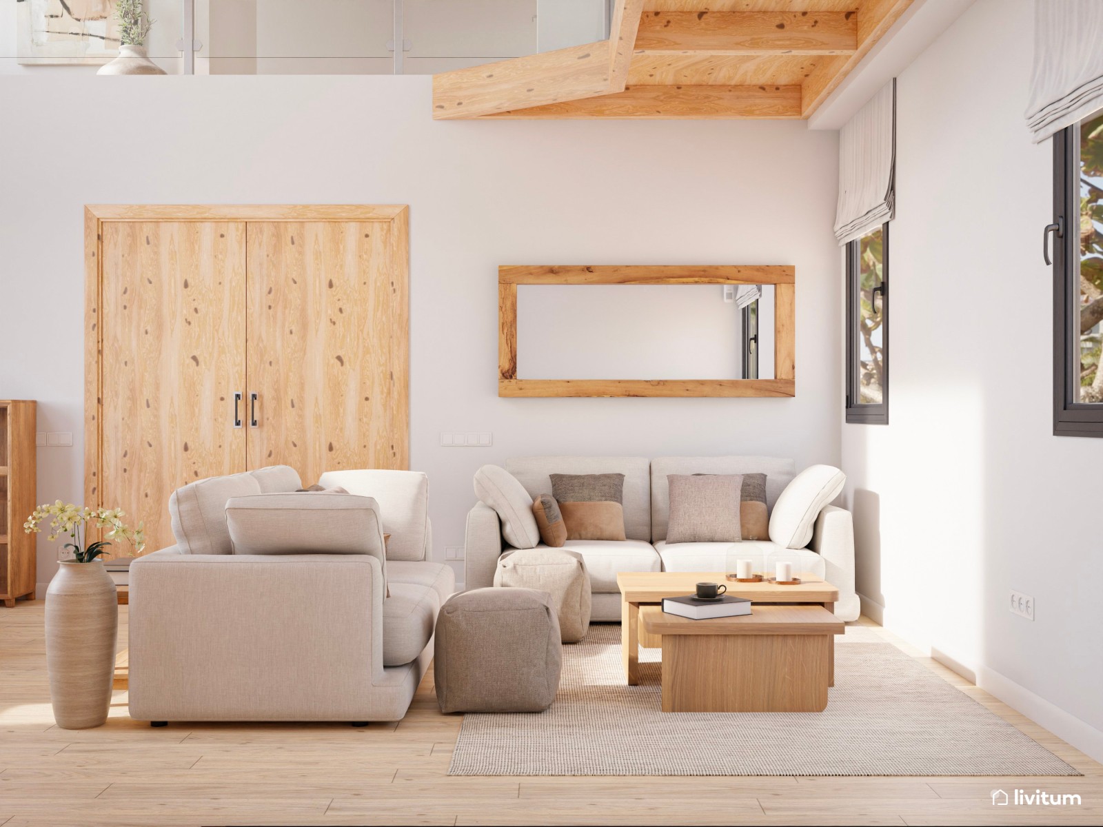 Salón comedor acogedor, en tonos neutros y materiales naturales