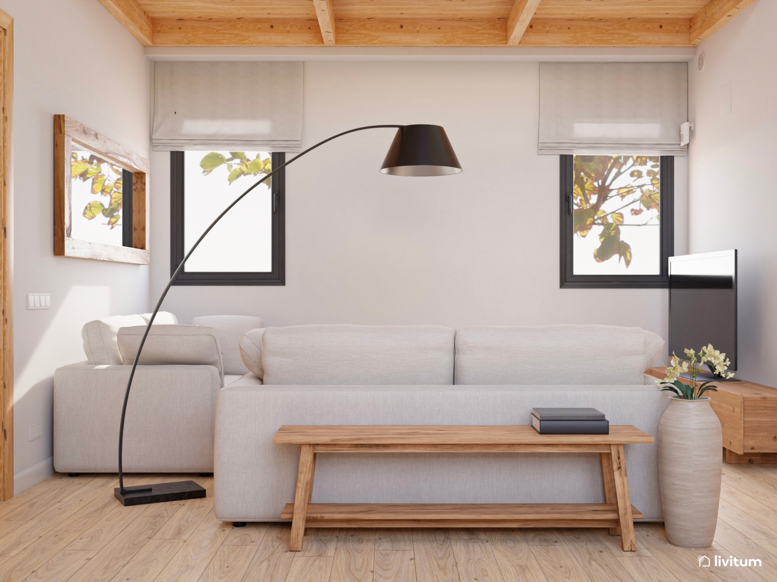 Salón comedor acogedor, en tonos neutros y materiales naturales