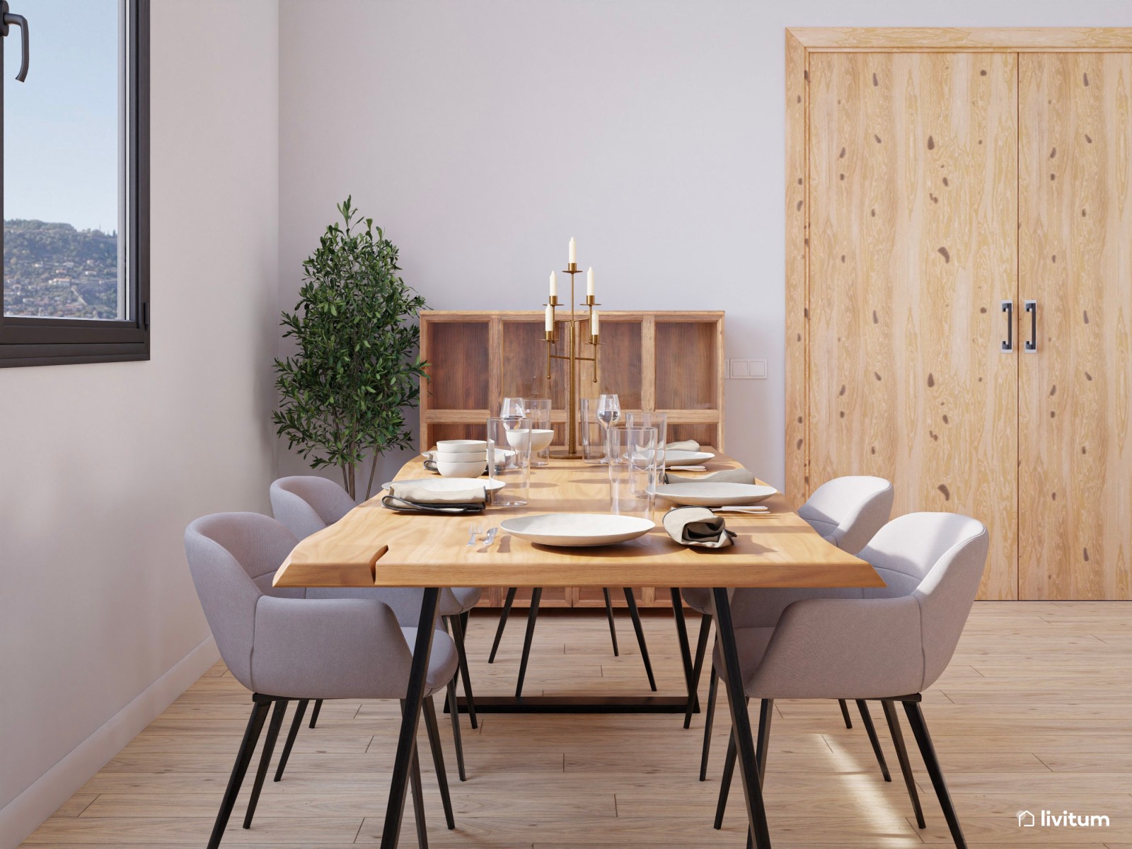 Salón comedor acogedor, en tonos neutros y materiales naturales