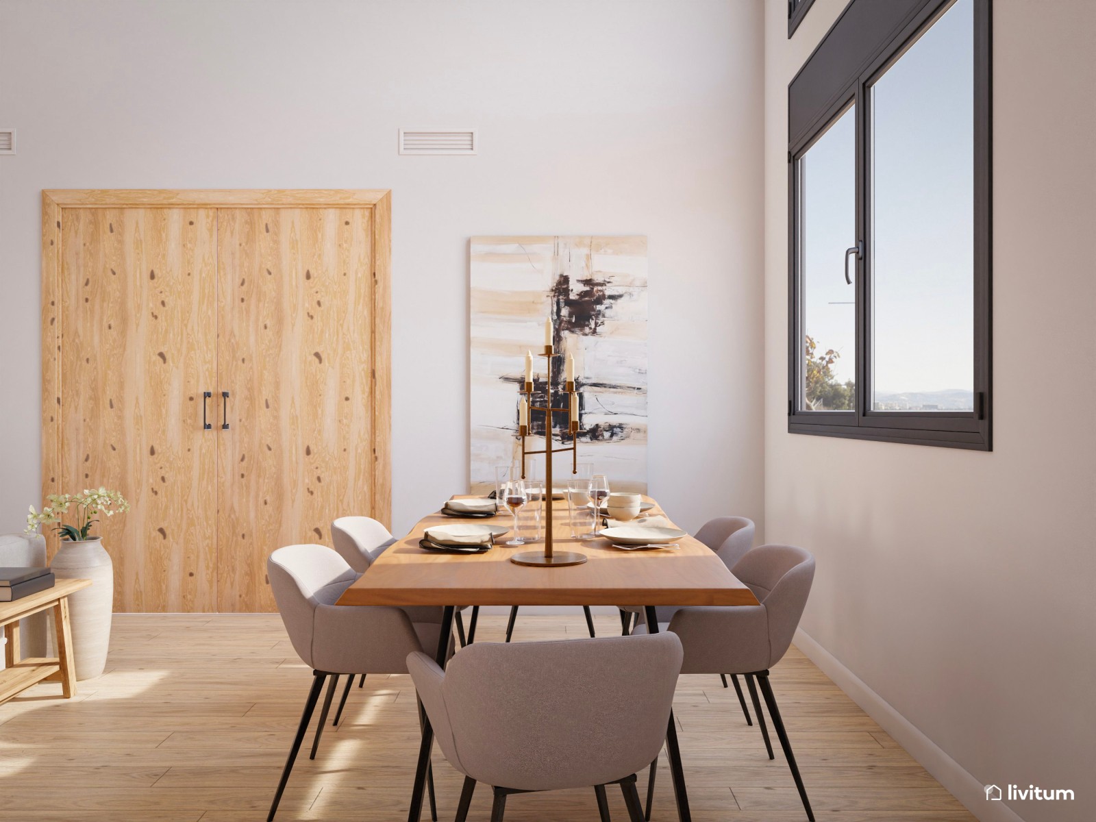 Salón comedor acogedor, en tonos neutros y materiales naturales