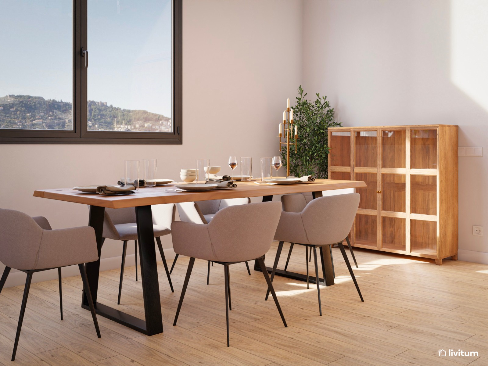 Salón comedor acogedor, en tonos neutros y materiales naturales