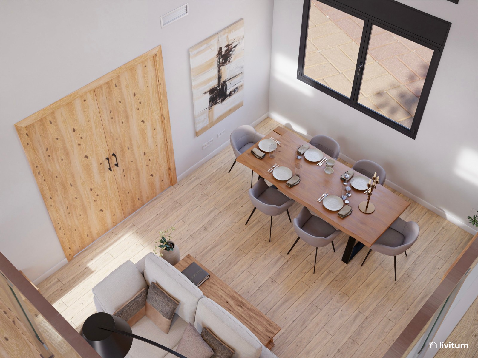 Salón comedor acogedor, en tonos neutros y materiales naturales