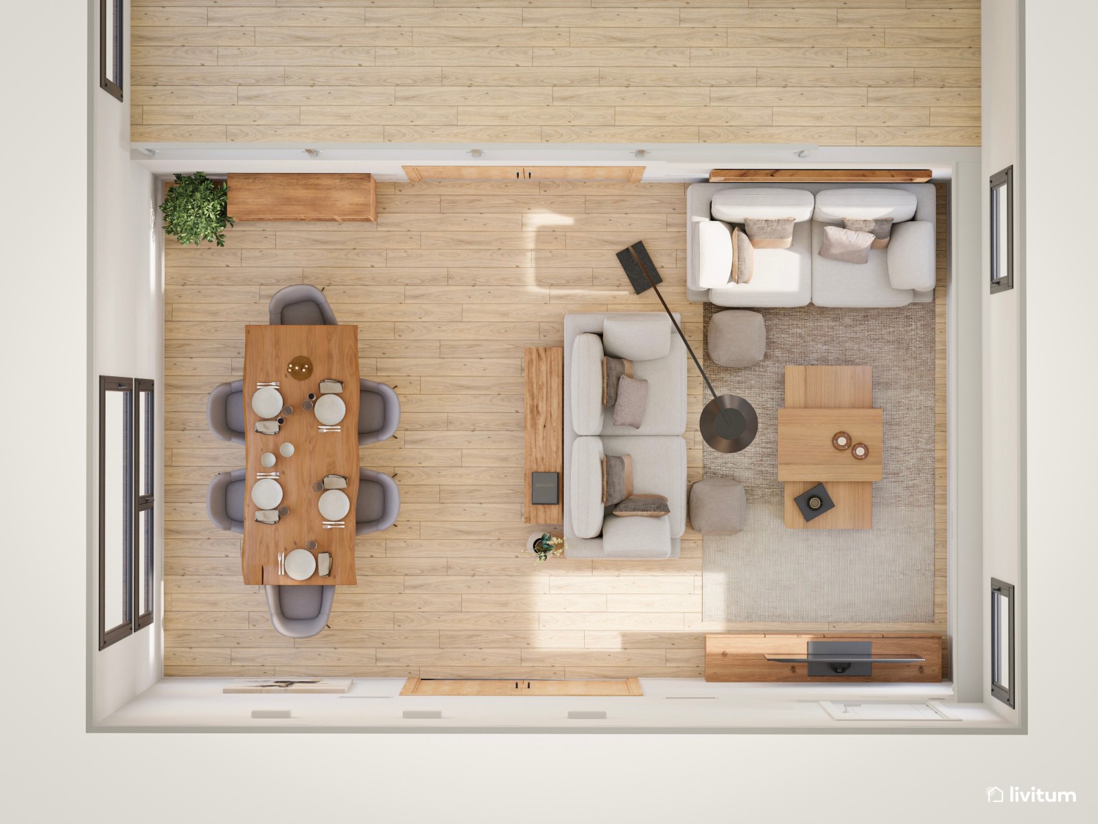 Salón comedor acogedor, en tonos neutros y materiales naturales