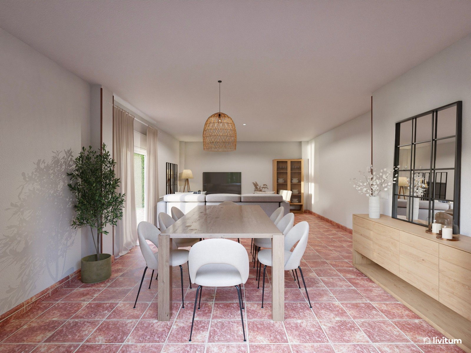 Salón comedor alargado con suelo terracota y muebles de madera