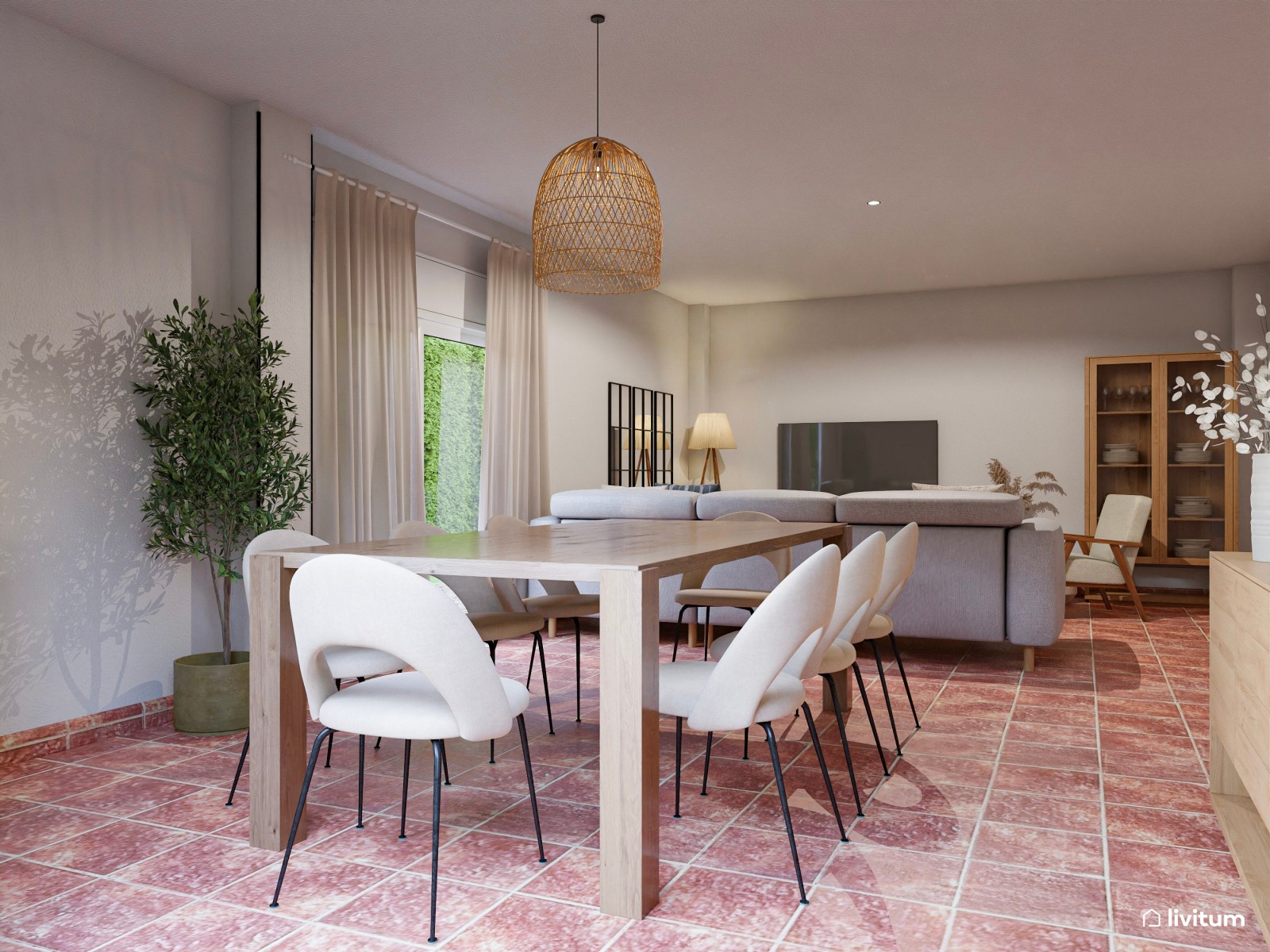 Salón comedor alargado con suelo terracota y muebles de madera