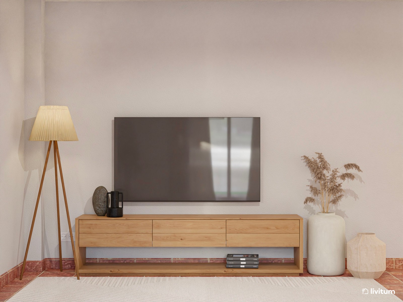 Salón comedor alargado con suelo terracota y muebles de madera