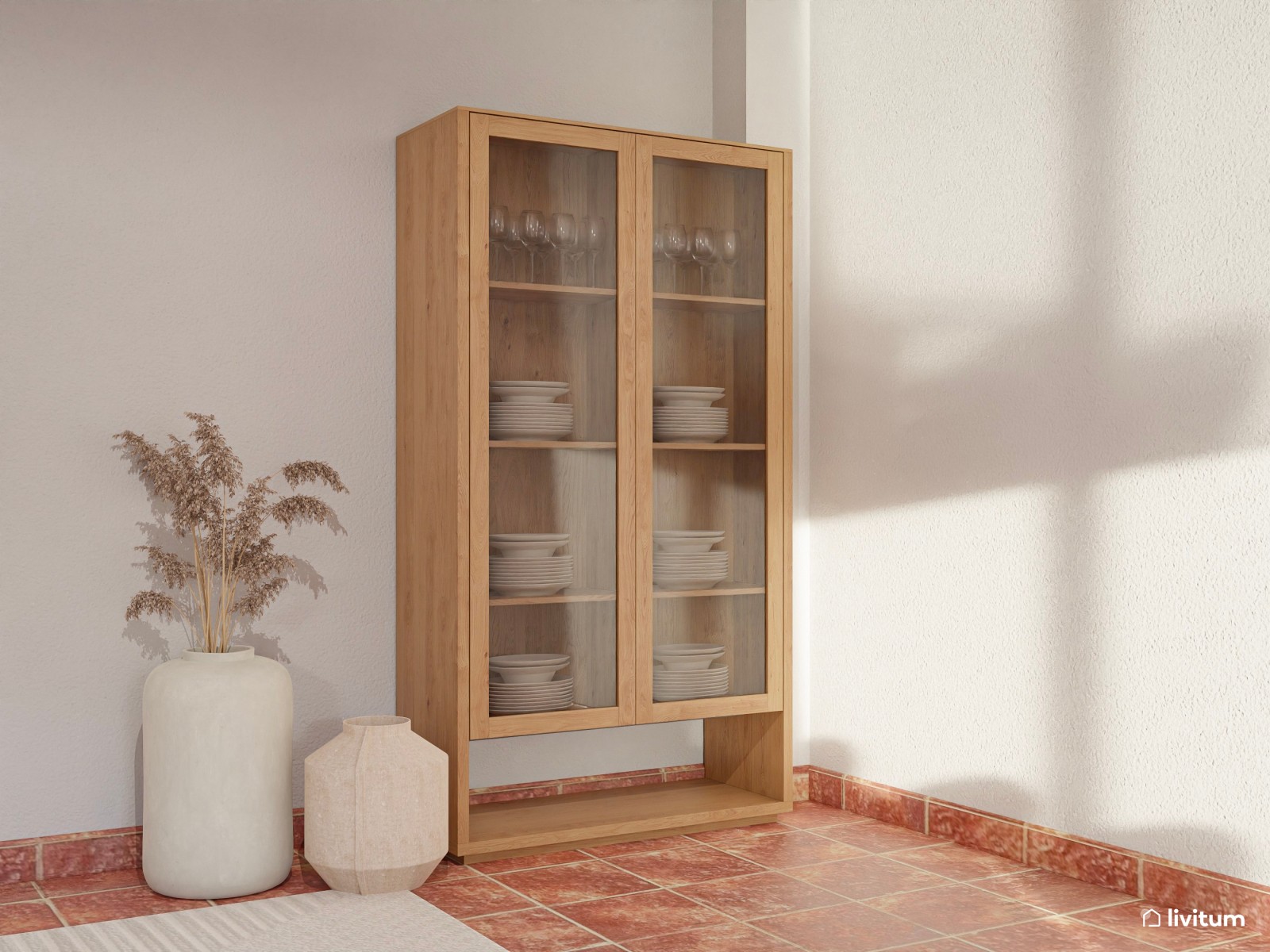 Salón comedor alargado con suelo terracota y muebles de madera