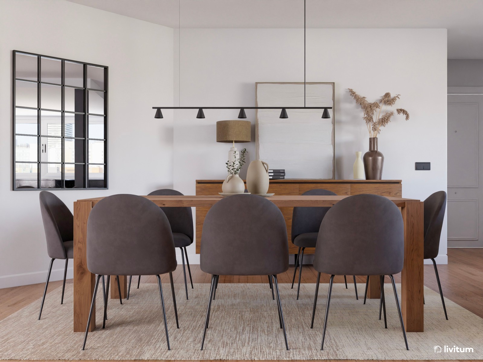 Salón comedor amplio y elegante de estilo nórdico 