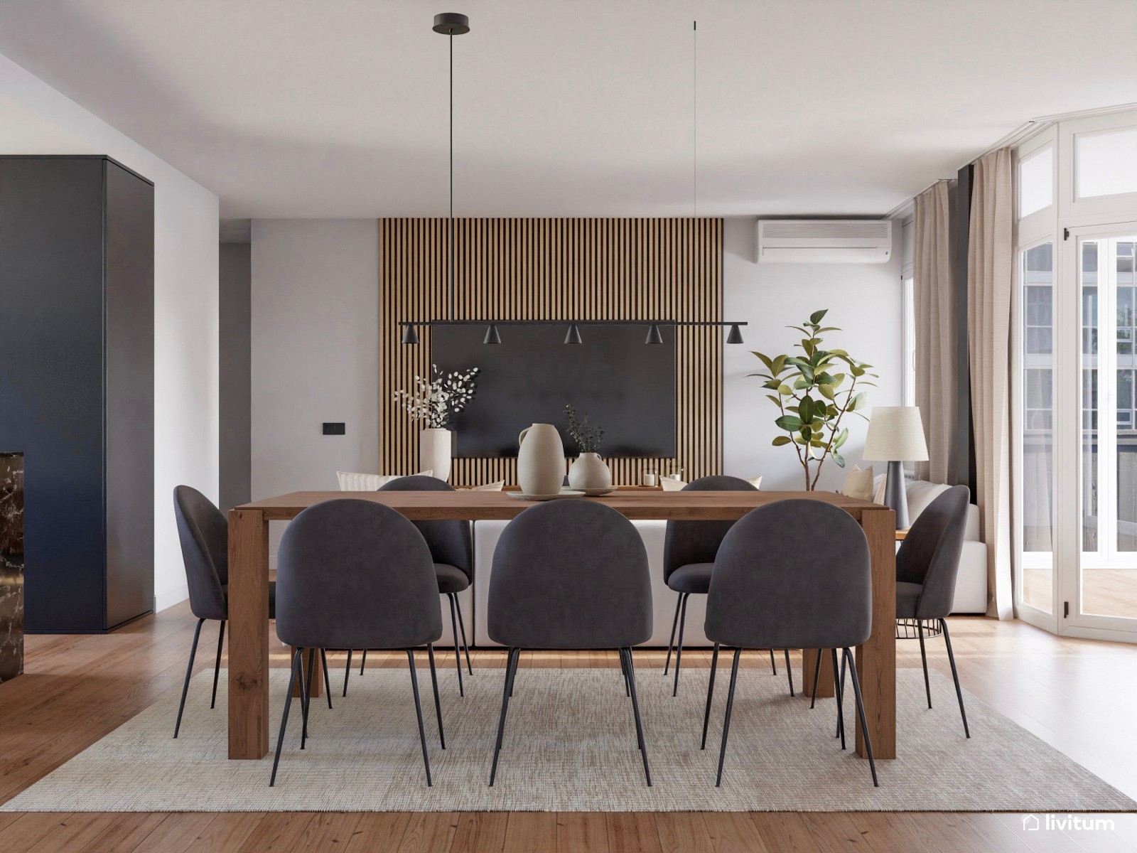 Salón comedor amplio y elegante de estilo nórdico 