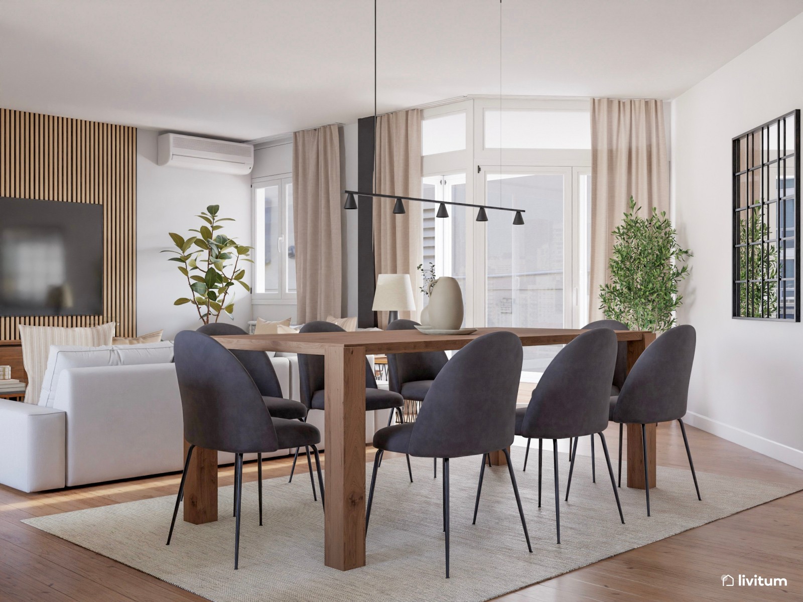 Salón comedor amplio y elegante de estilo nórdico 