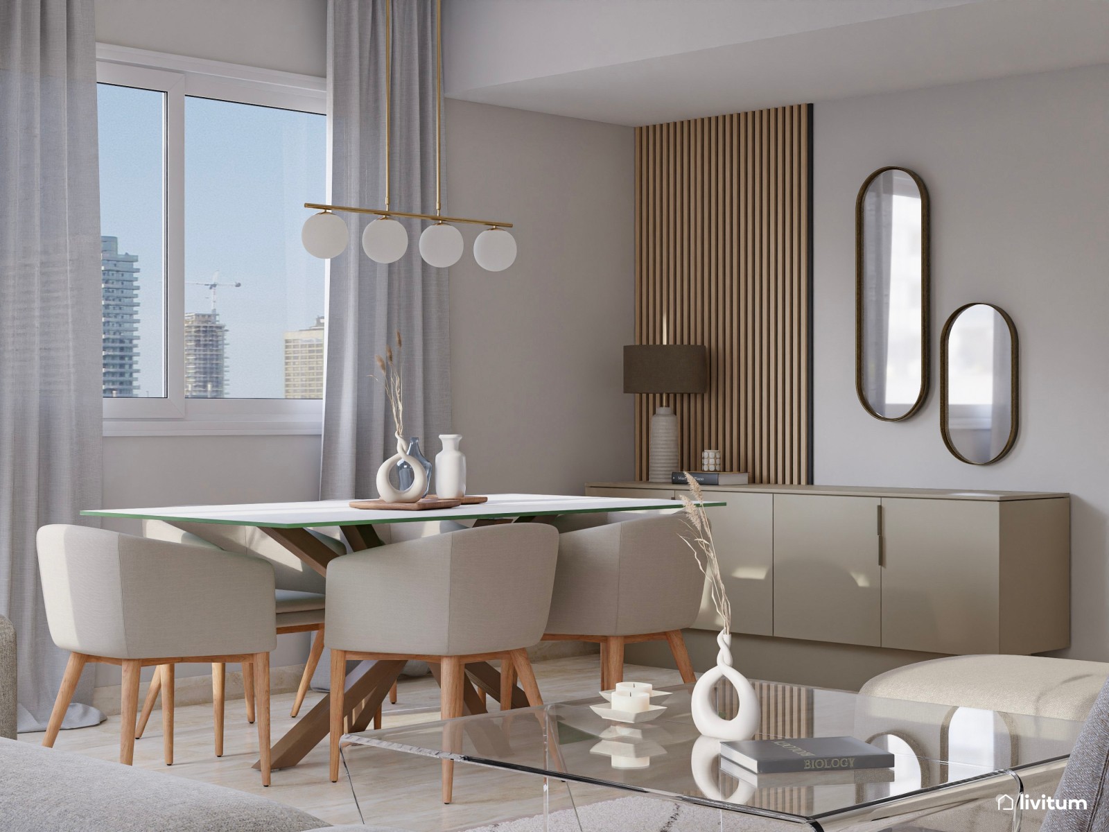 Salón comedor amplio y moderno con muebles de cristal 