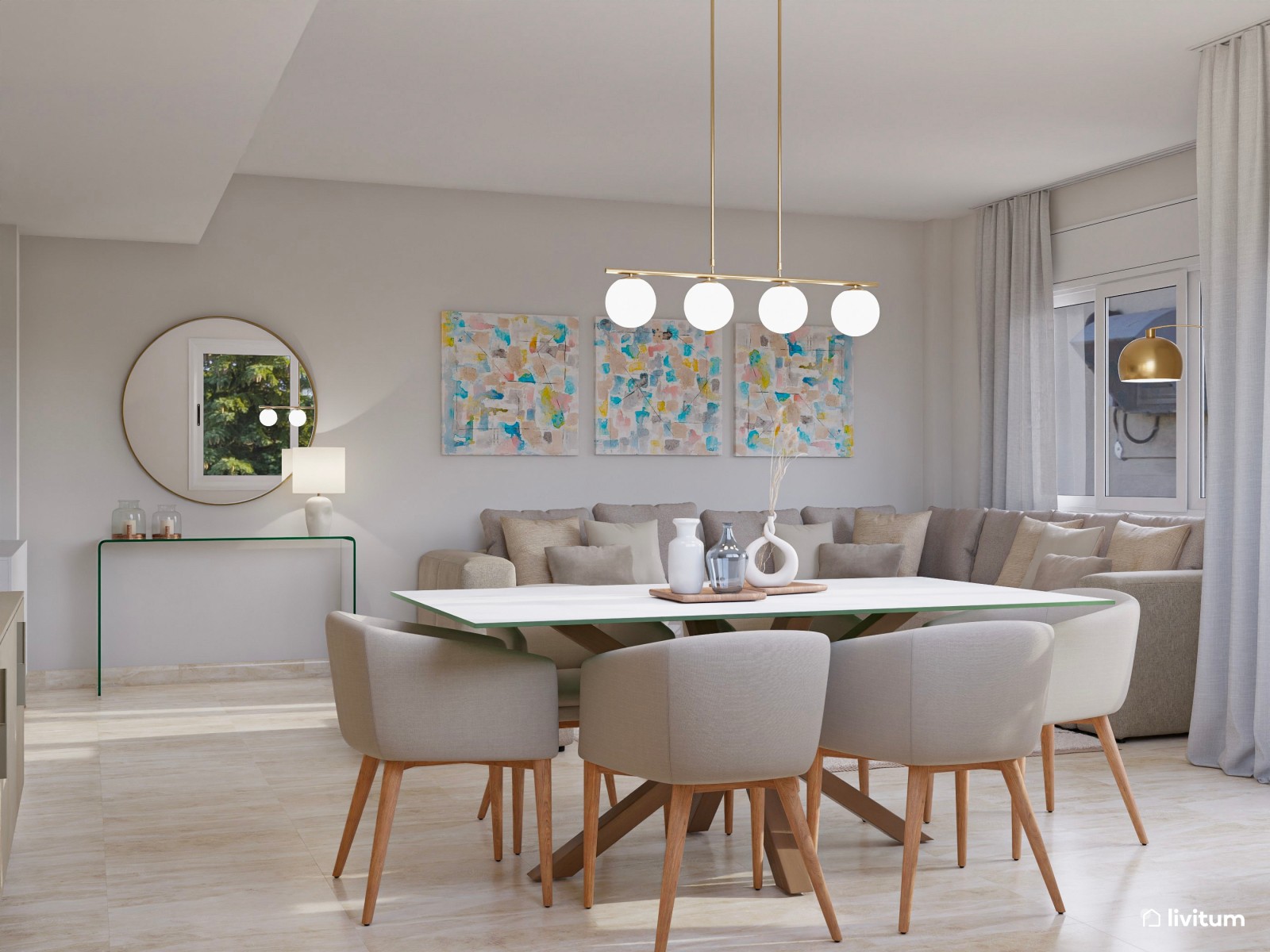 Salón comedor amplio y moderno con muebles de cristal 