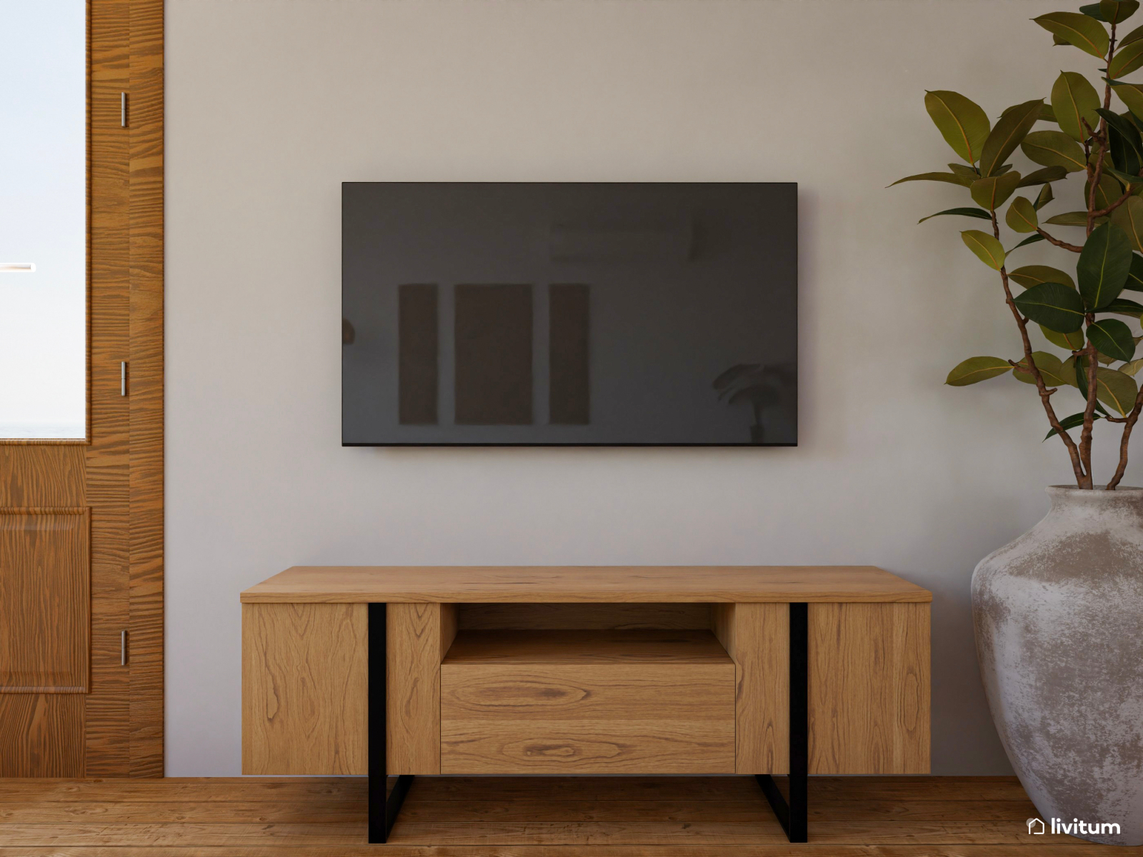 Salón comedor bohemio con acentos en negro y muebles de madera