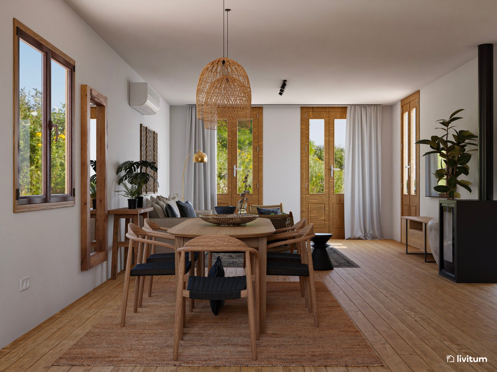 Salón comedor bohemio con acentos en negro y muebles de madera