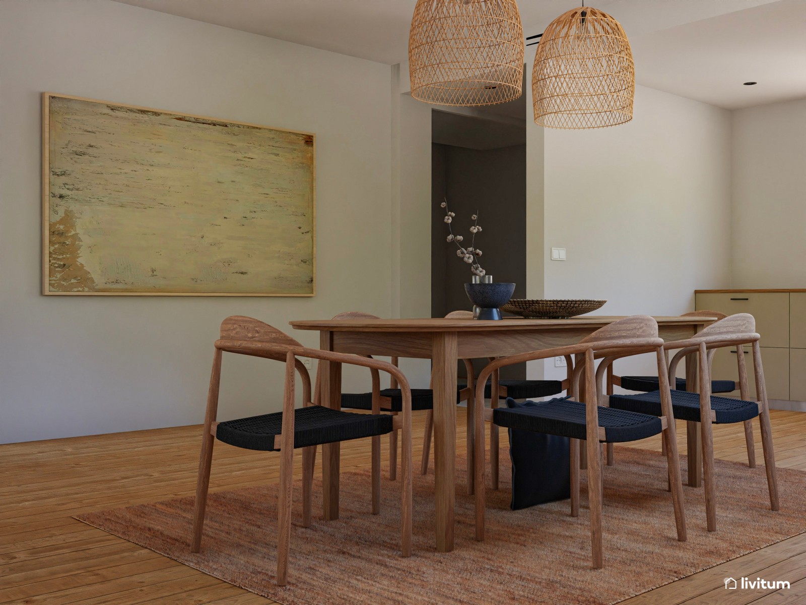 Salón comedor bohemio con acentos en negro y muebles de madera