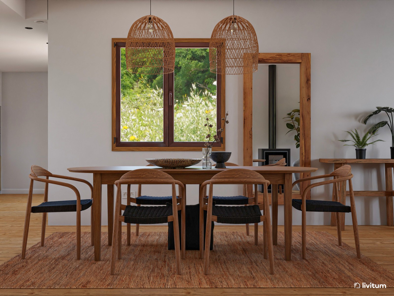 Salón comedor bohemio con acentos en negro y muebles de madera