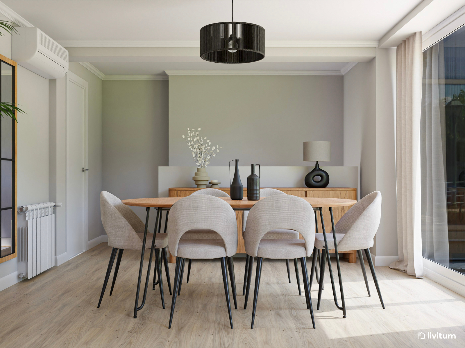 Salón comedor bohemio con acentos negros y detalles naturales