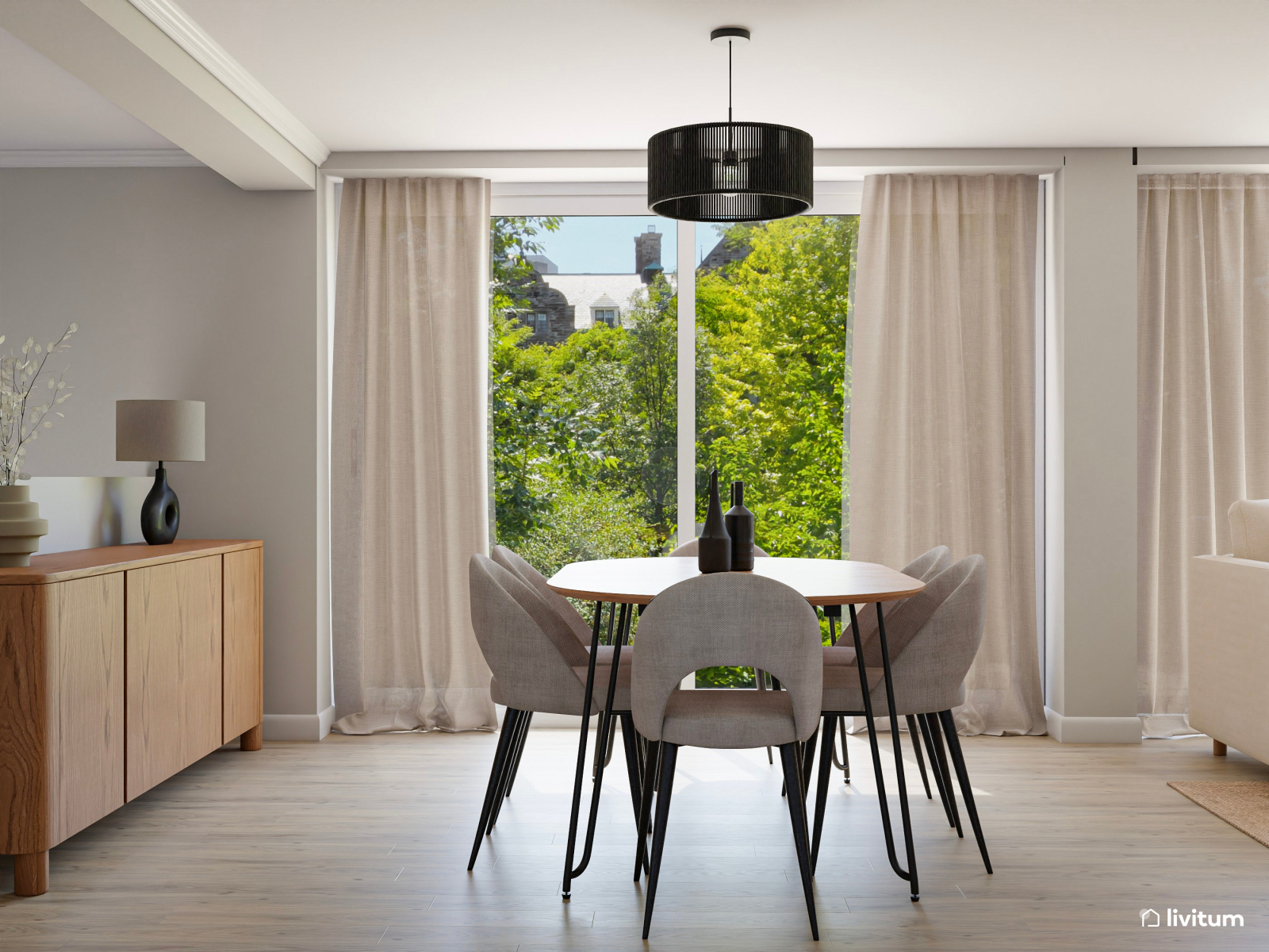 Salón comedor bohemio con acentos negros y detalles naturales