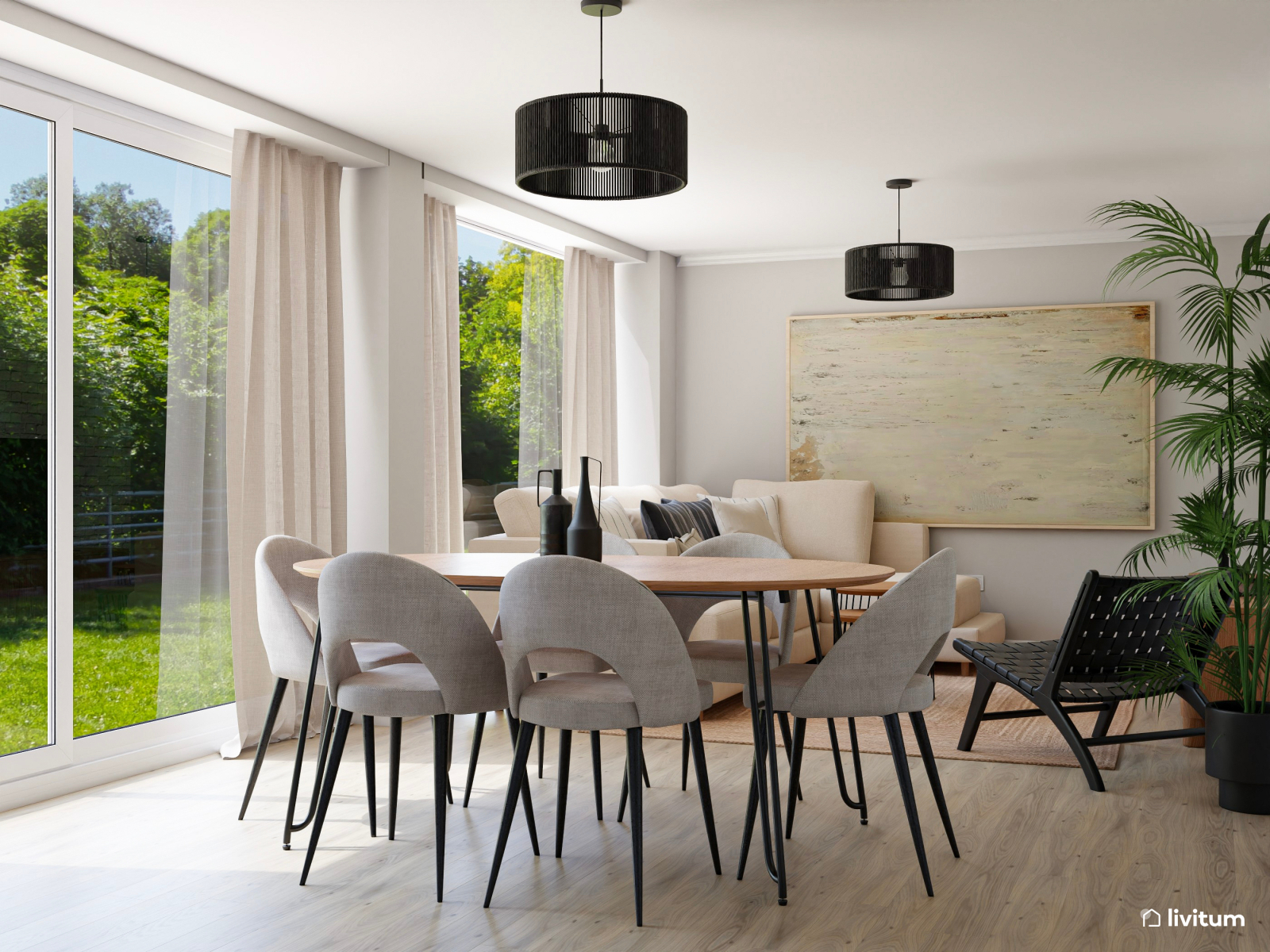 Salón comedor bohemio con acentos negros y detalles naturales