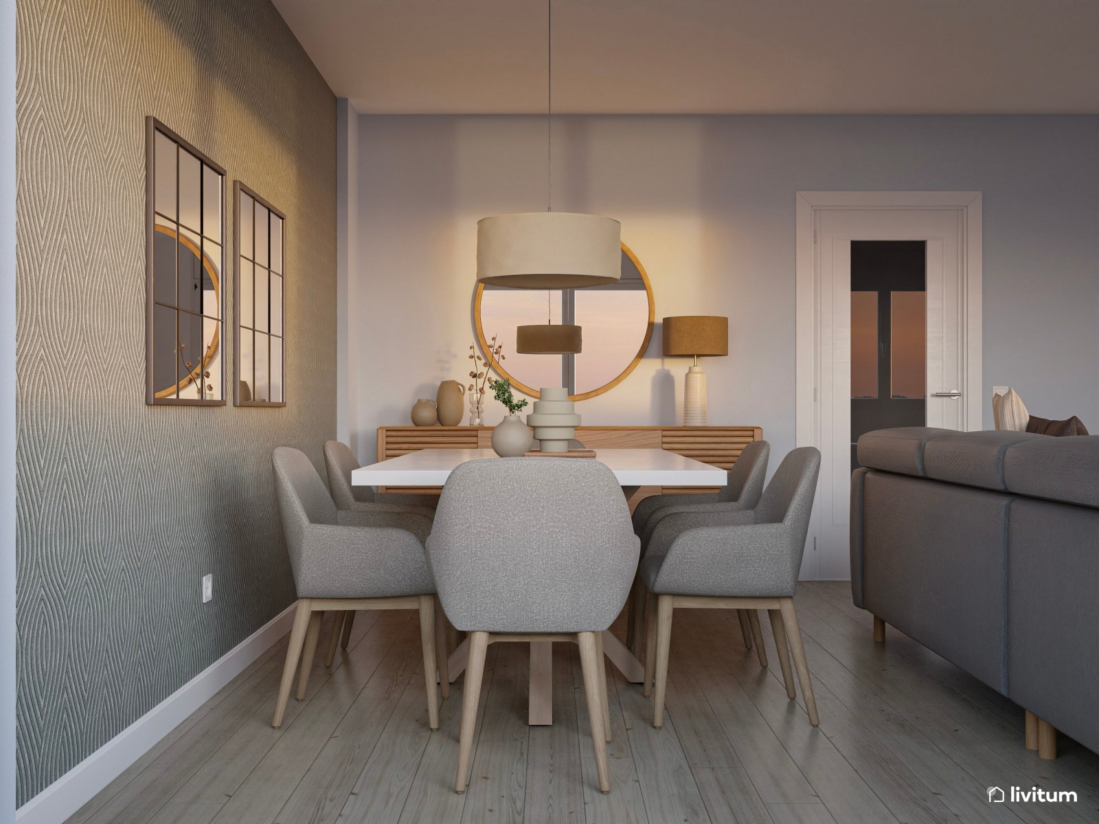 Salón comedor boho con detalles elegantes y muebles de madera