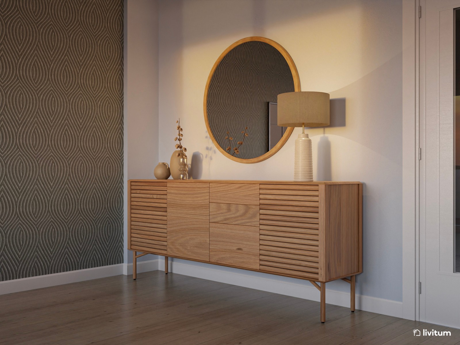 Salón comedor boho con detalles elegantes y muebles de madera