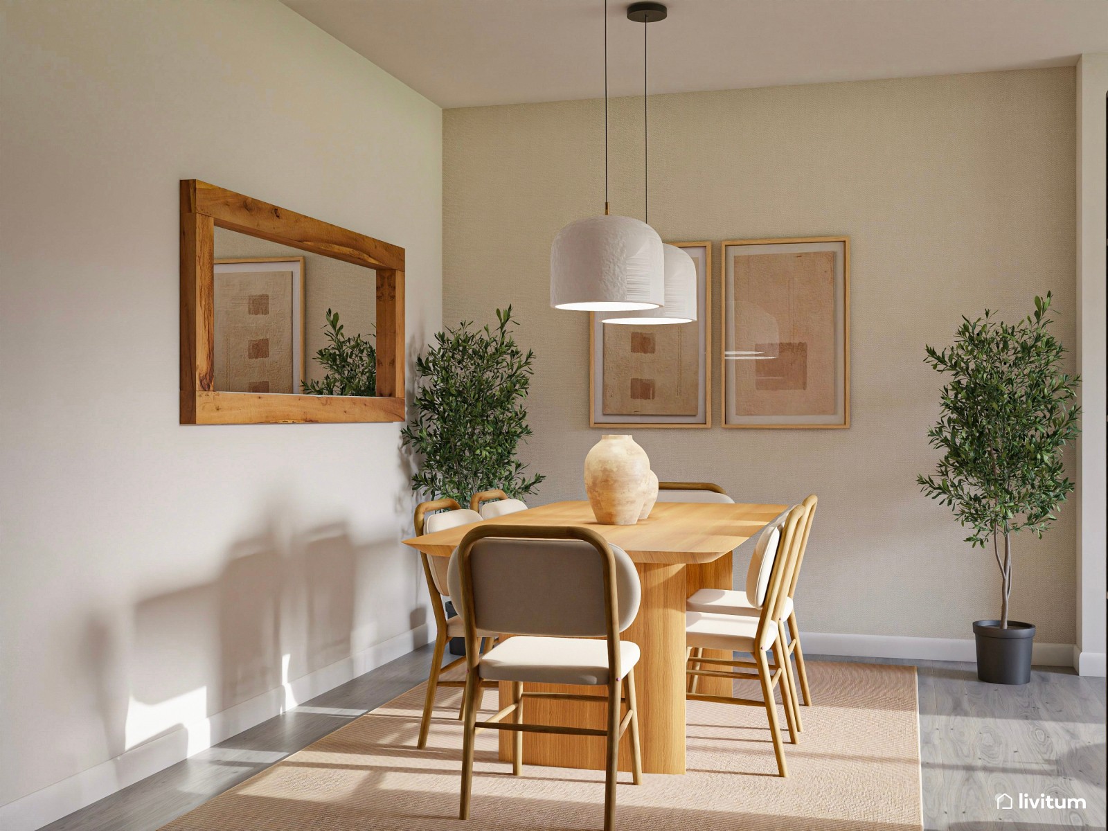 Salón comedor cálido con muebles de madera y detalles blancos