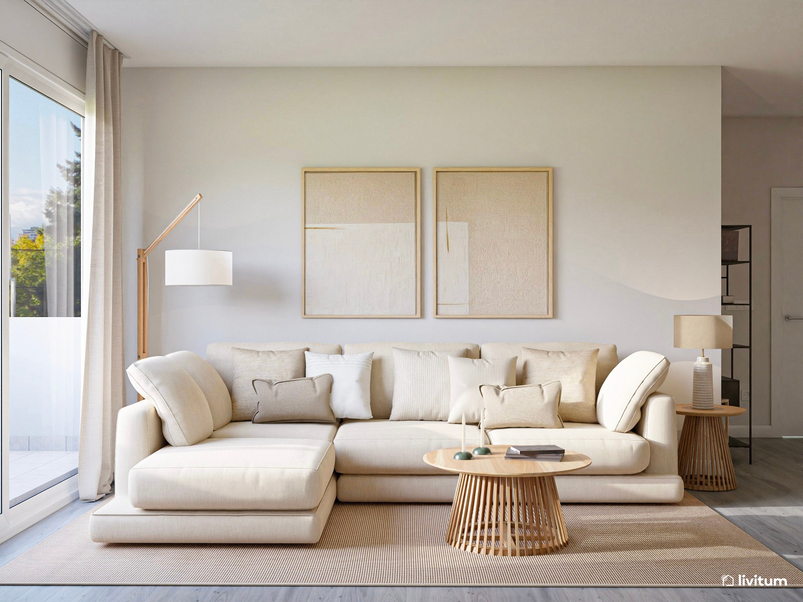 Salón comedor cálido con muebles de madera y detalles blancos