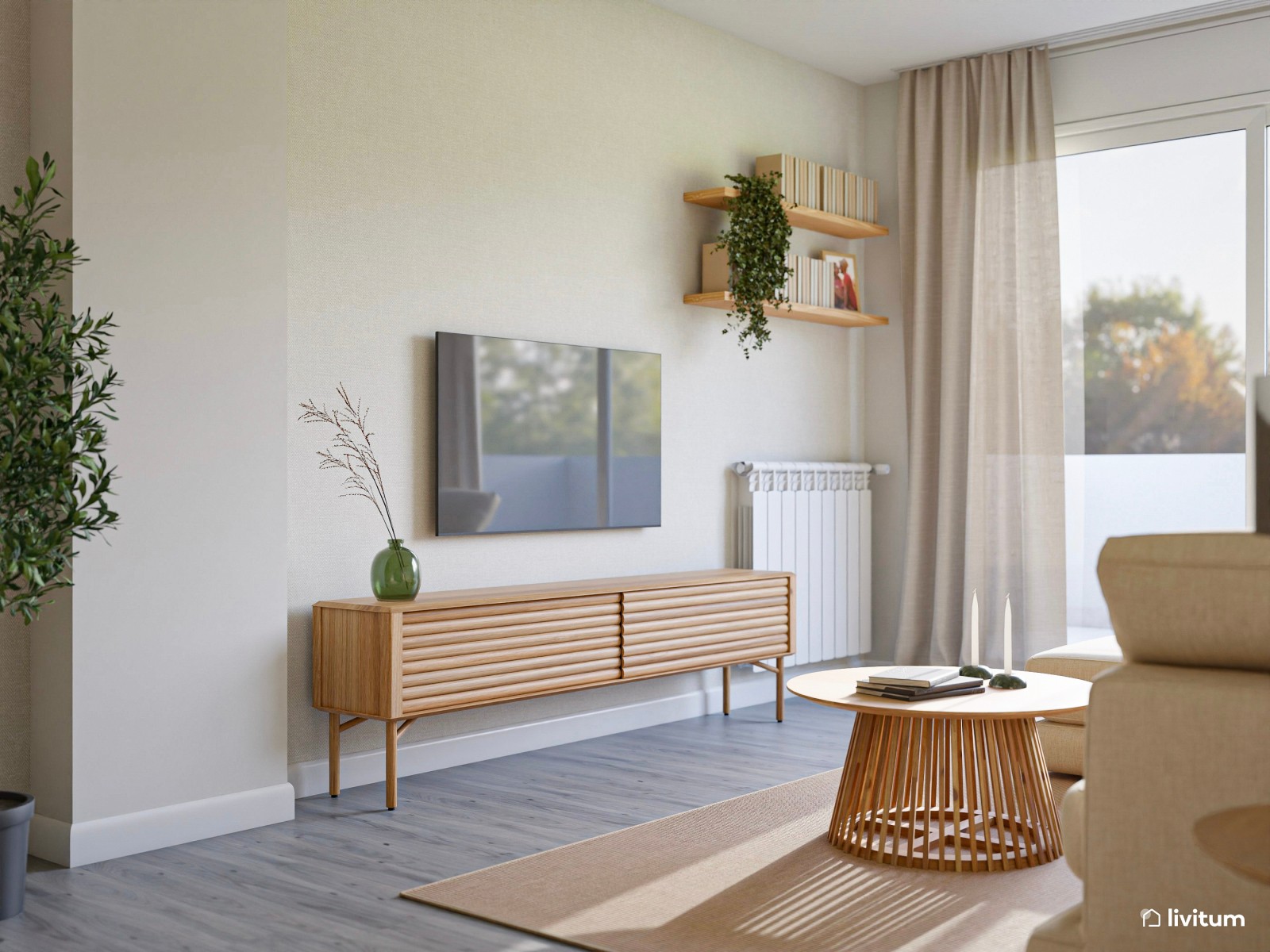 Salón comedor cálido con muebles de madera y detalles blancos