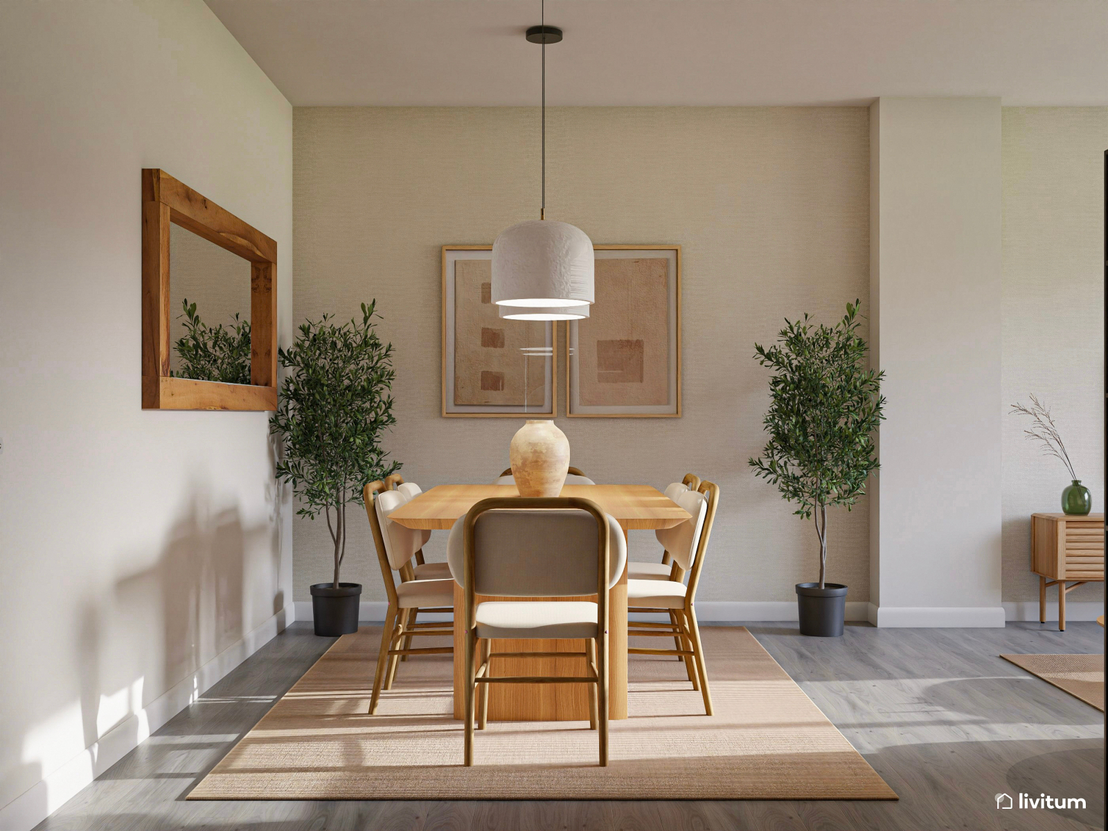 Salón comedor cálido con muebles de madera y detalles blancos