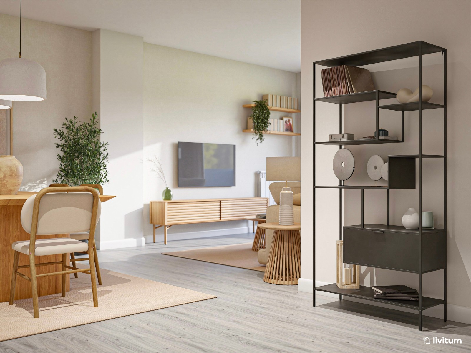 Salón comedor cálido con muebles de madera y detalles blancos