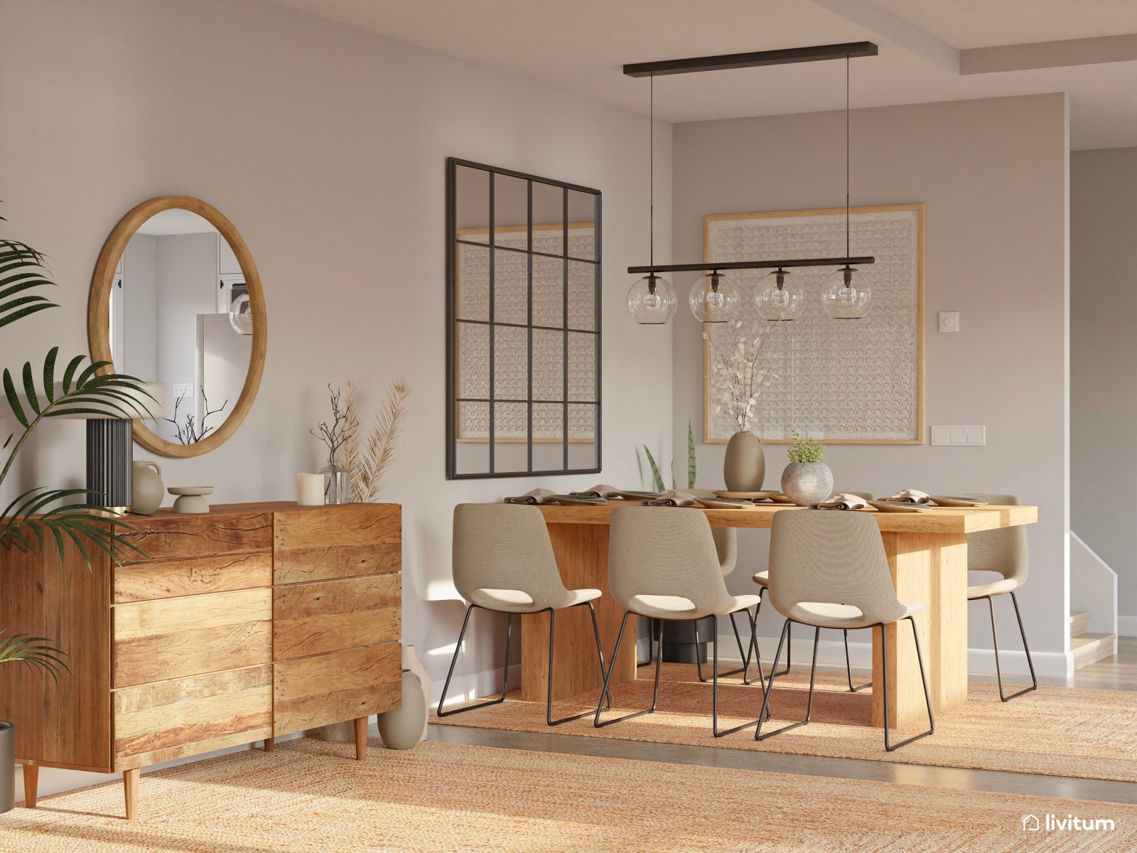 Salón comedor cálido y acogedor con madera y toques negros