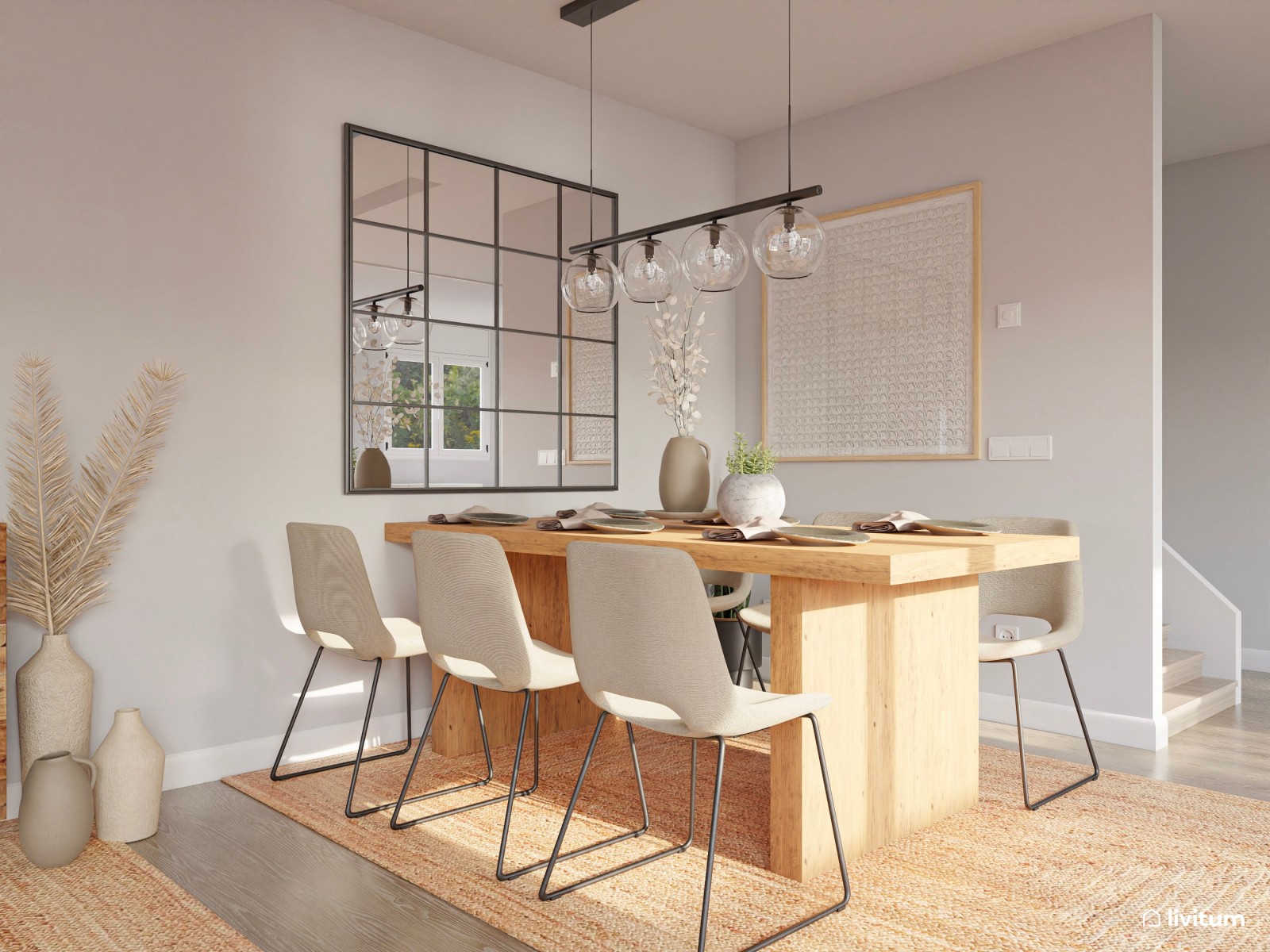 Salón comedor cálido y acogedor con madera y toques negros