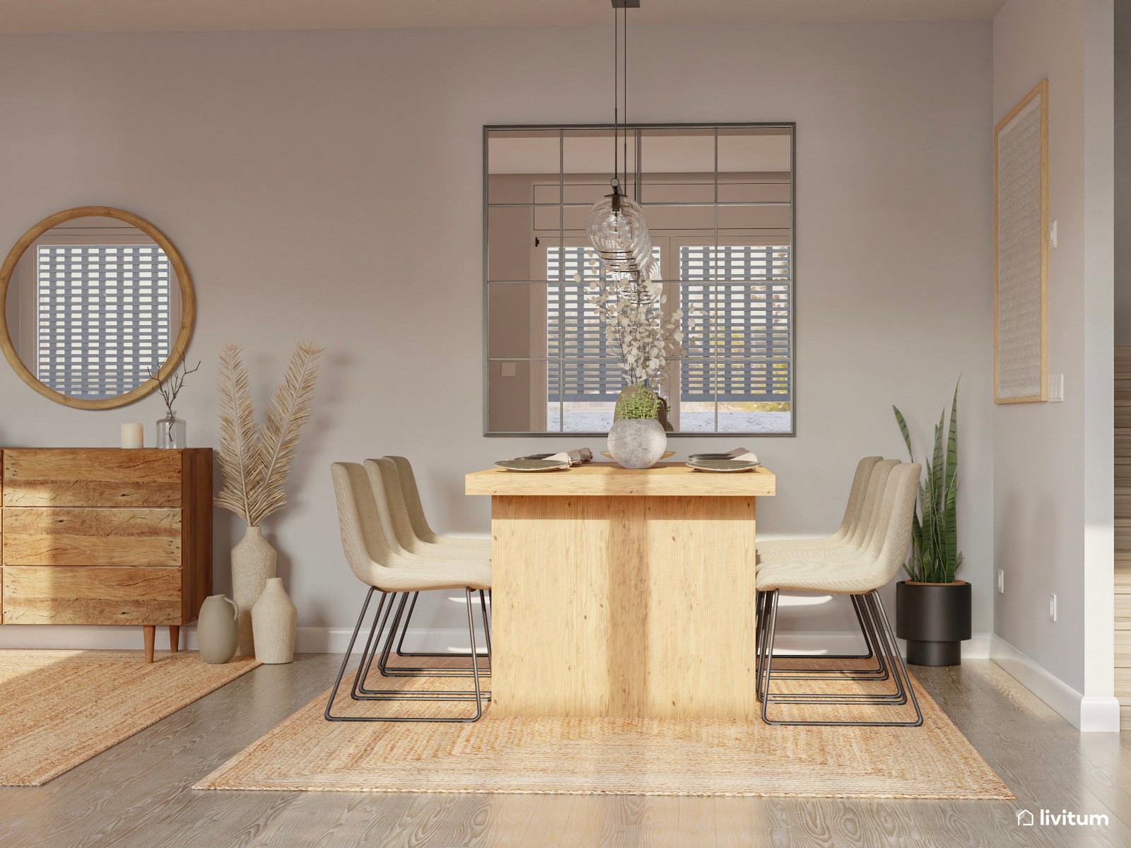 Salón comedor cálido y acogedor con madera y toques negros