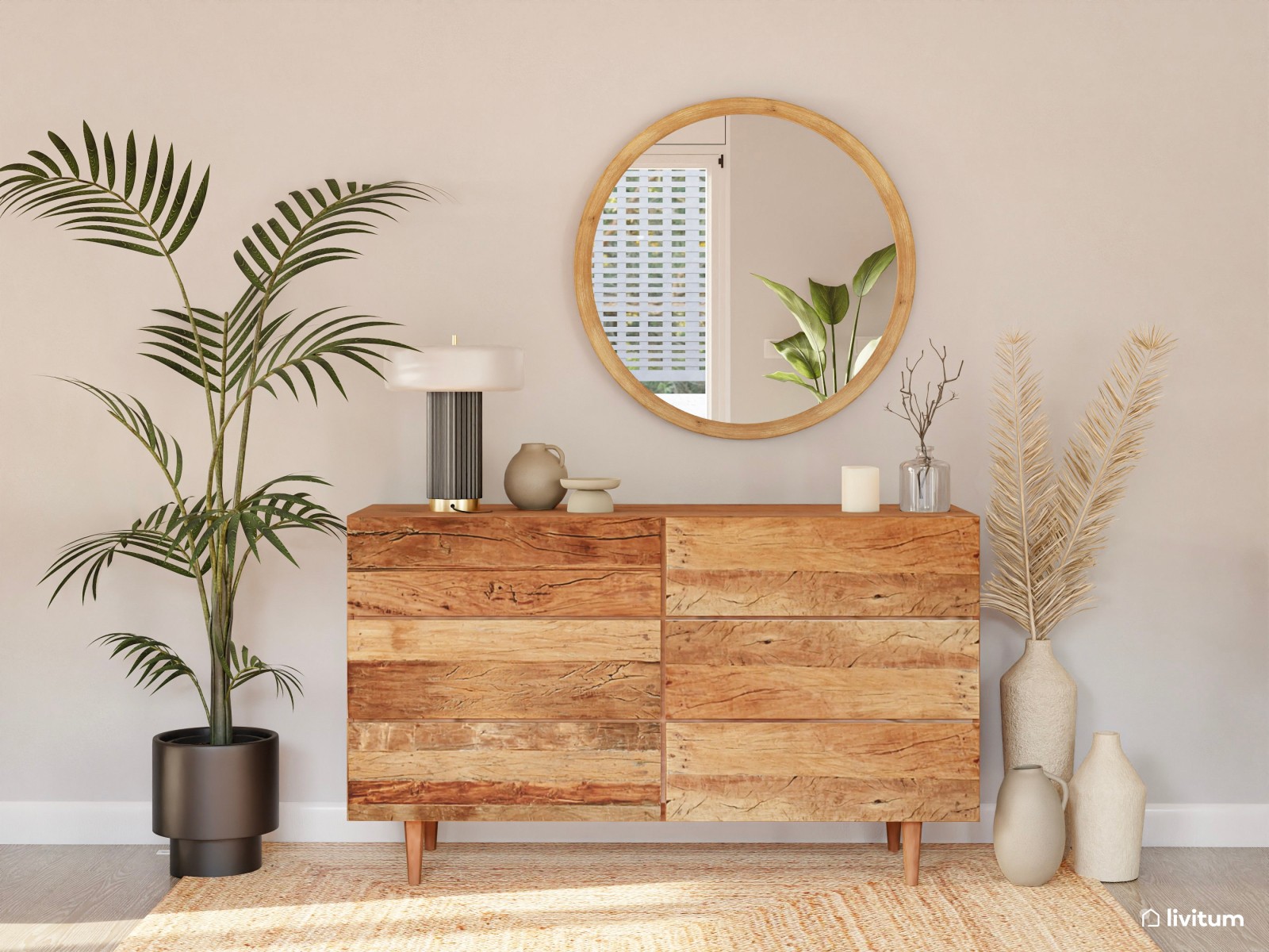 Salón comedor cálido y acogedor con madera y toques negros