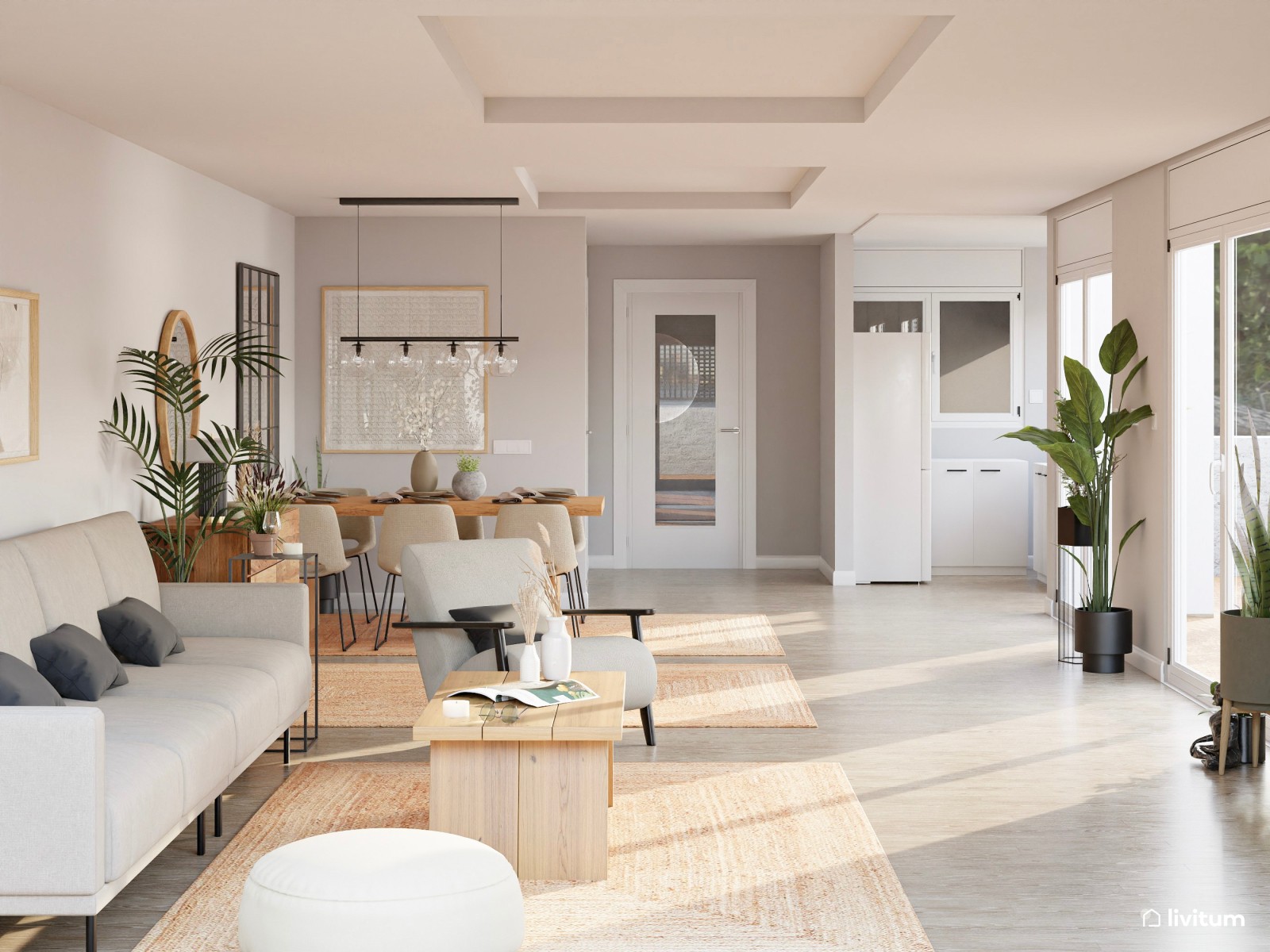 Salón comedor cálido y acogedor con madera y toques negros