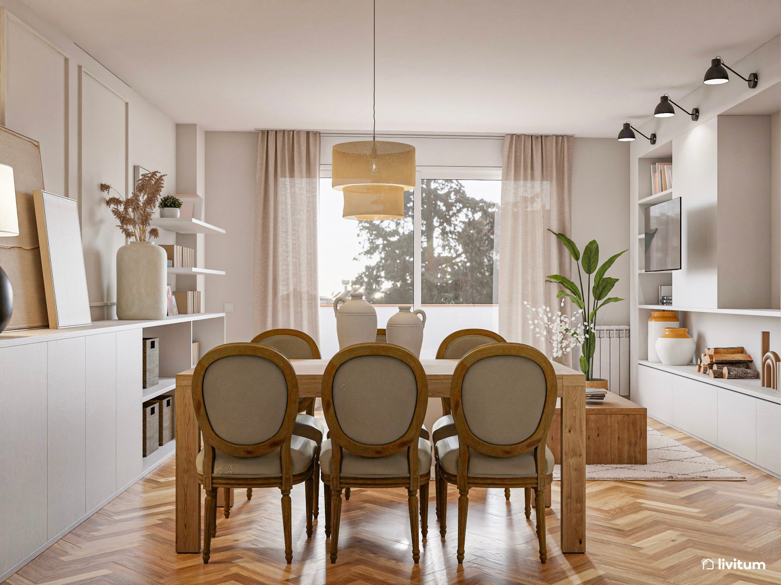 Salón comedor clásico con molduras y suelo espigado 