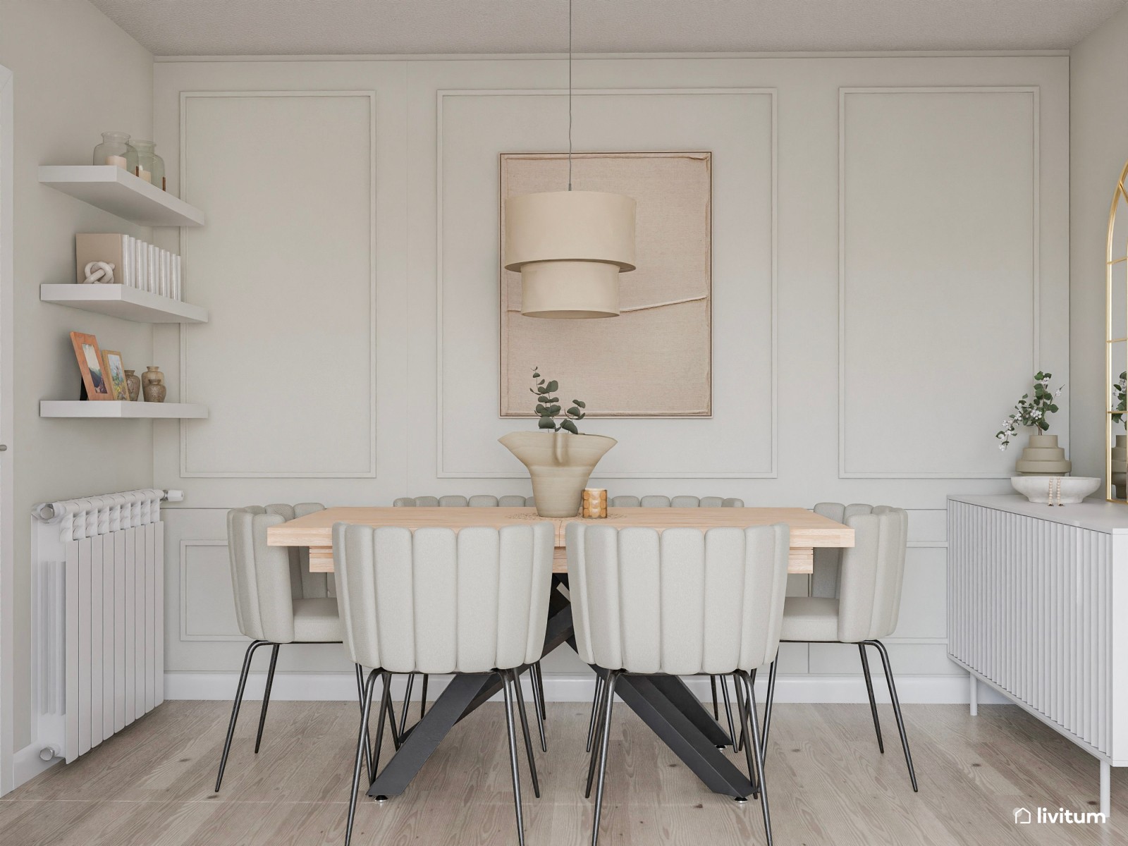 Salón comedor clásico y elegante con molduras 