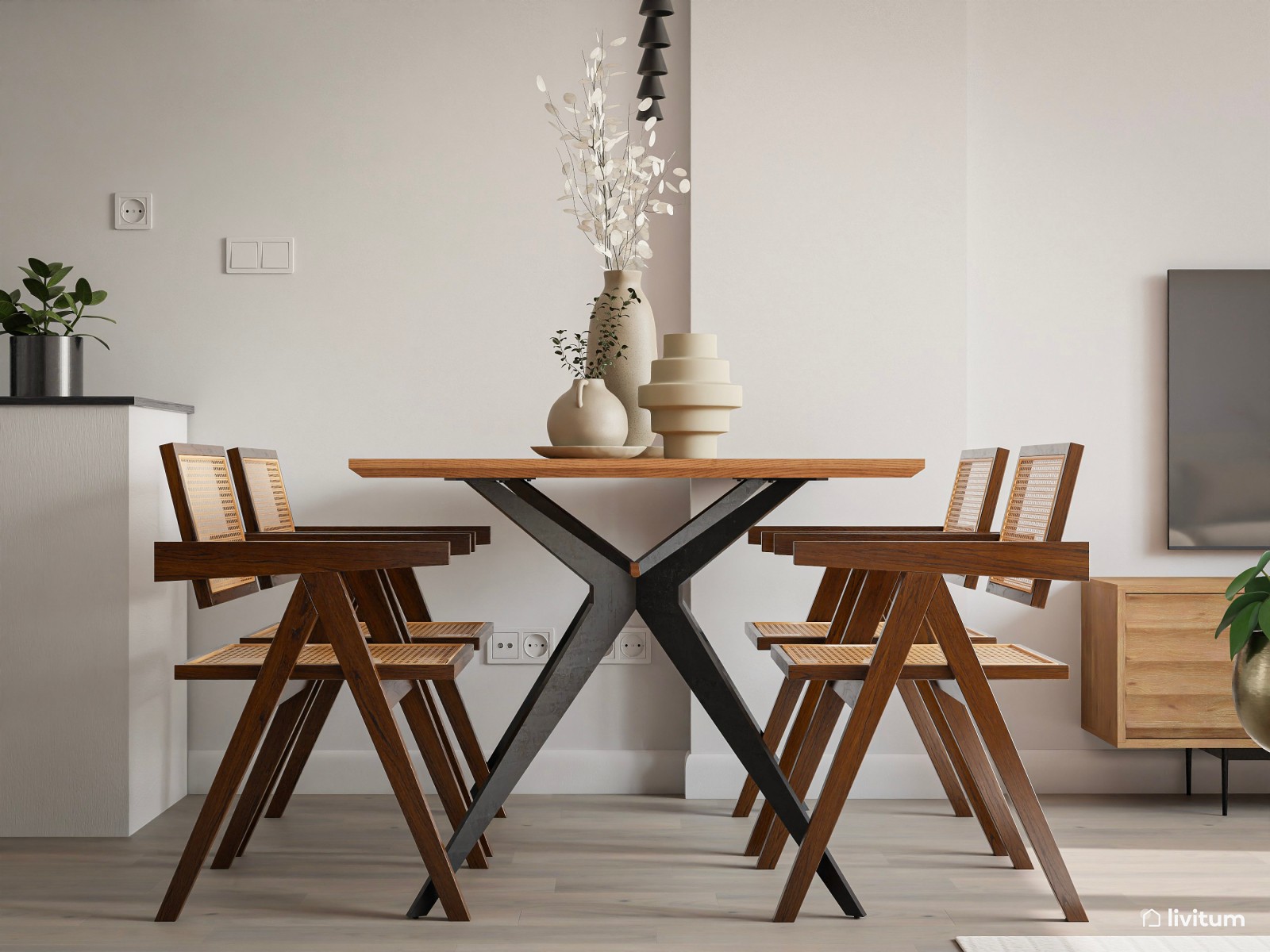 Salón comedor con cocina abierta en tonos neutros