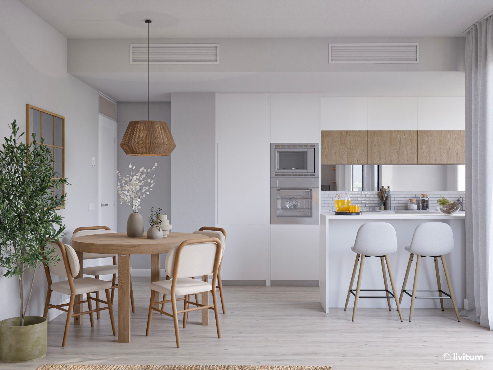 Salón comedor con cocina abierta y espacio optimizado