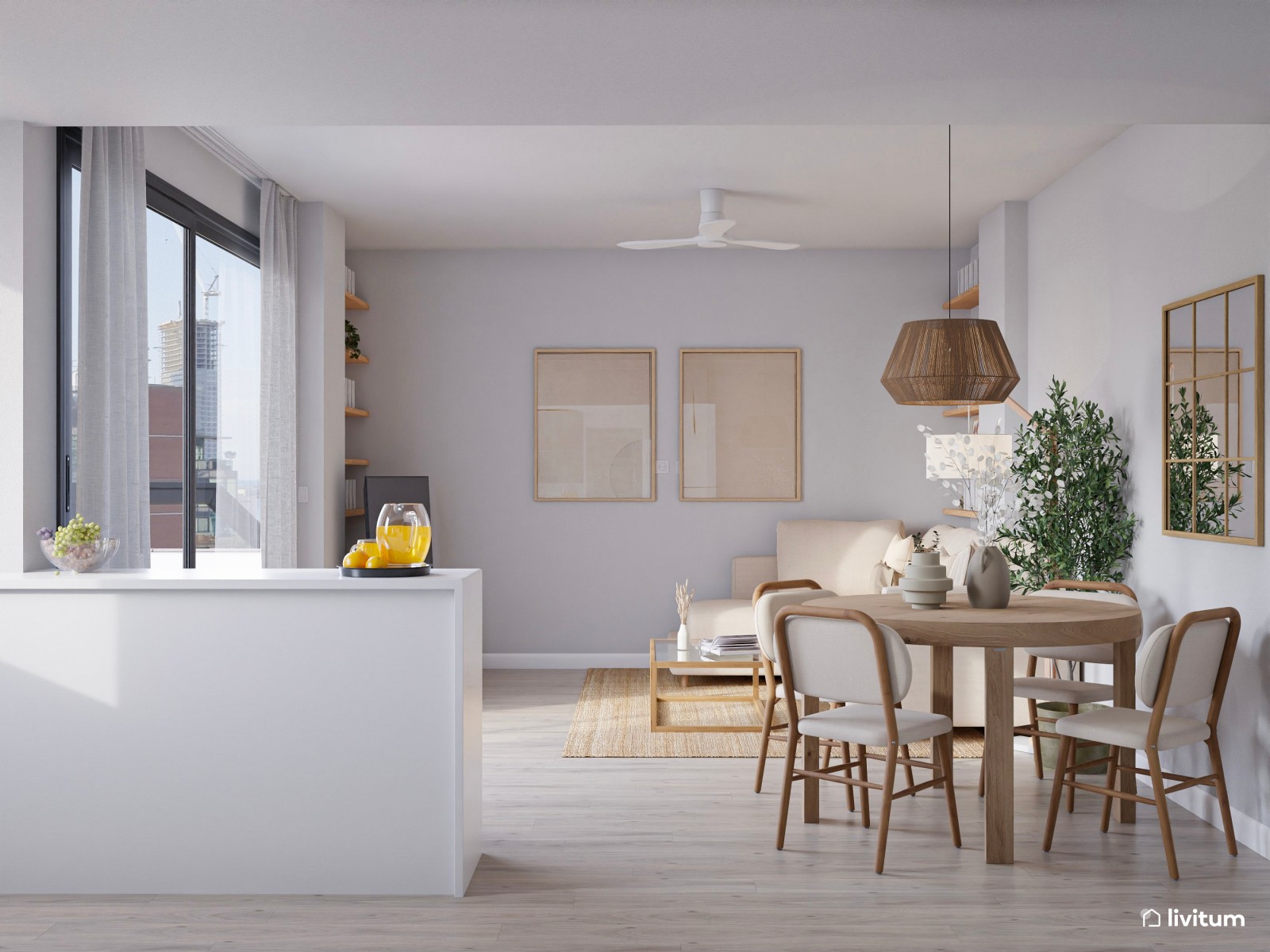 Salón comedor con cocina abierta y espacio optimizado