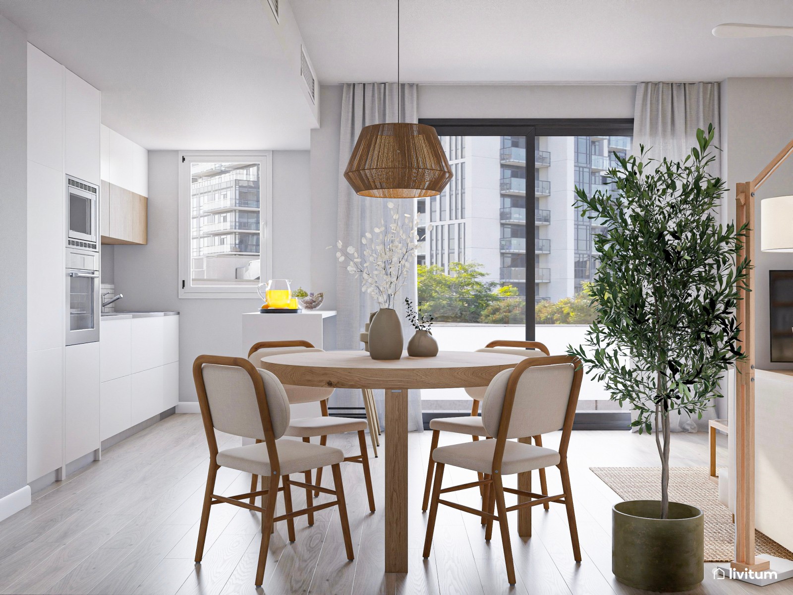 Salón comedor con cocina abierta y espacio optimizado