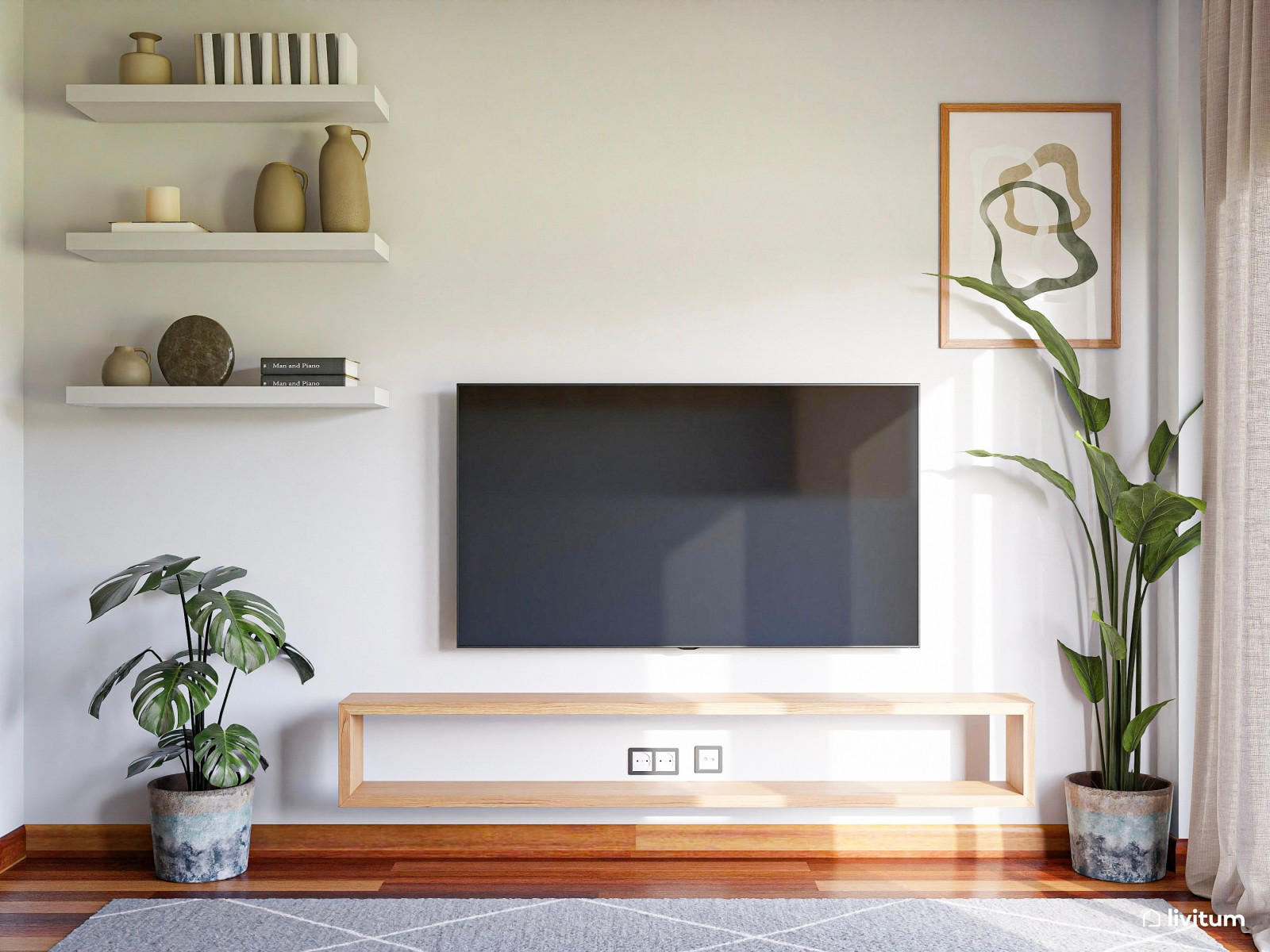 Salón comedor con cocina integrada y decoración biofílica