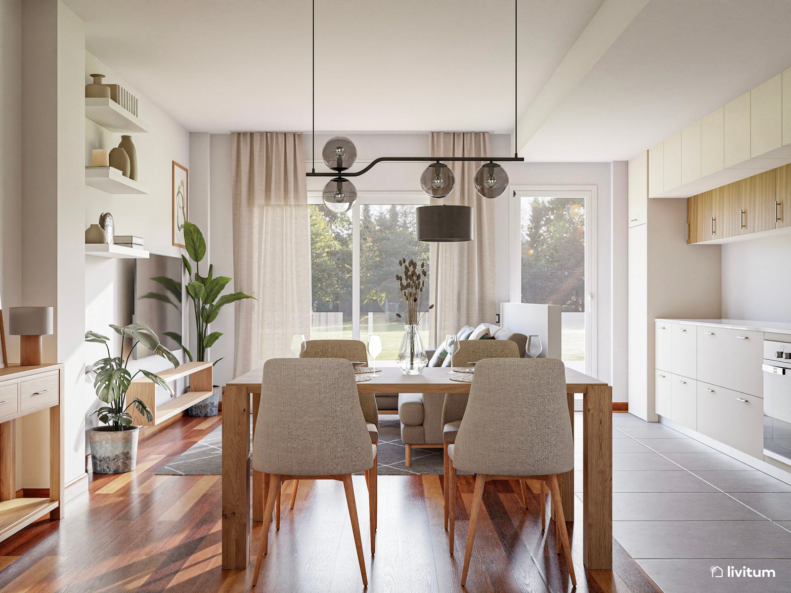 Salón comedor con cocina integrada y decoración biofílica