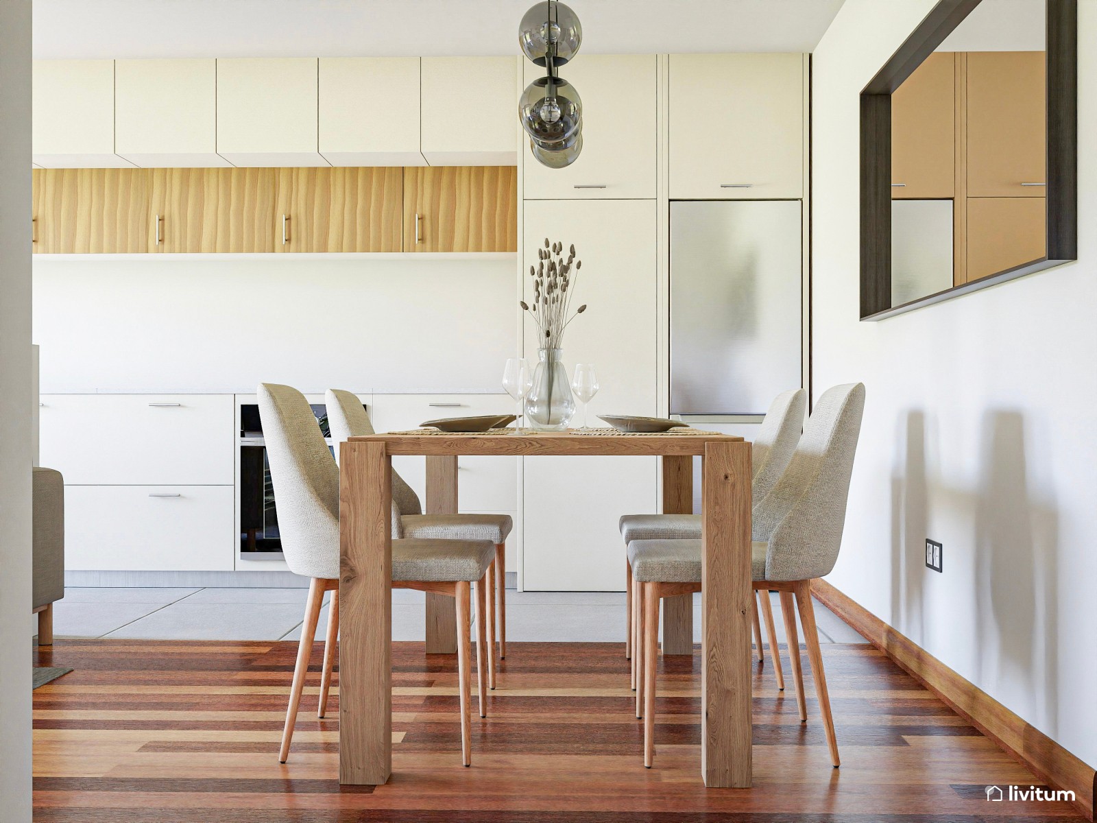 Salón comedor con cocina integrada y decoración biofílica