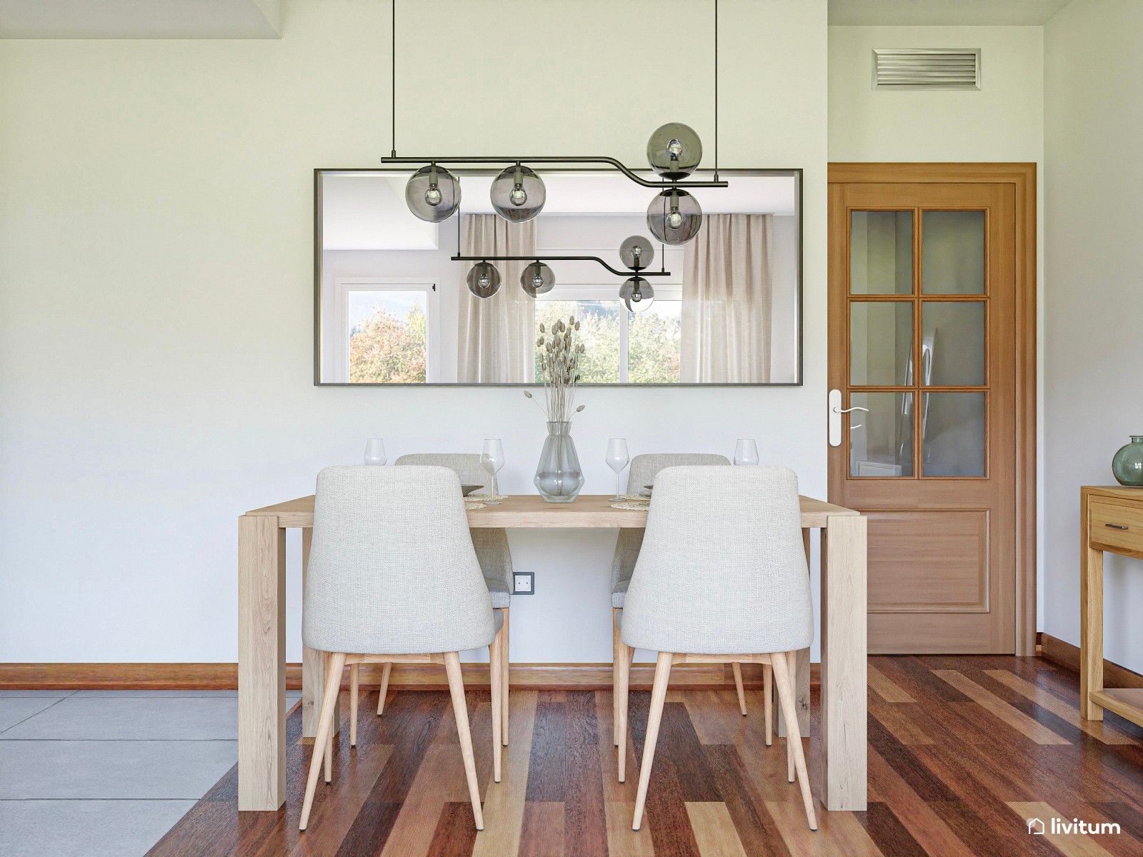 Salón comedor con cocina integrada y decoración biofílica