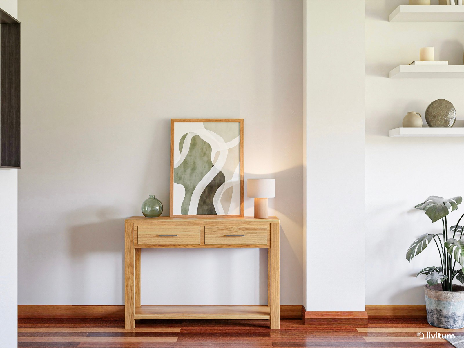 Salón comedor con cocina integrada y decoración biofílica