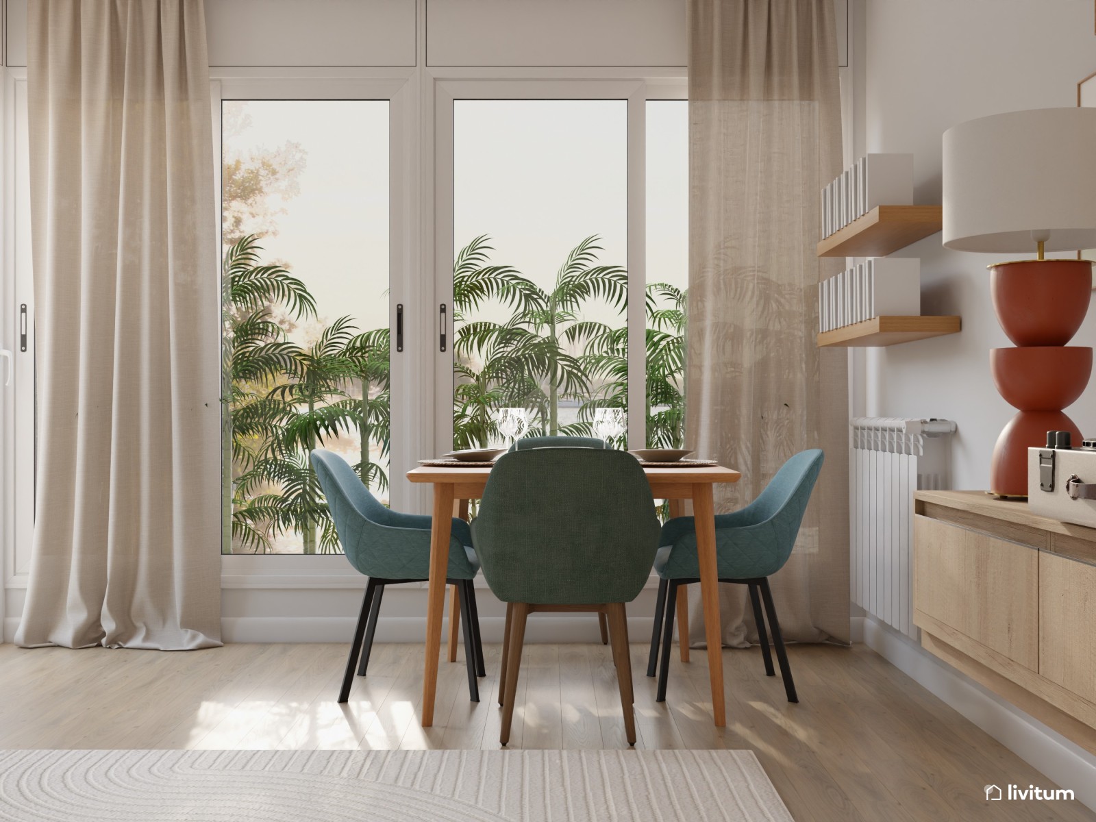 Salón comedor con colores vivos y muebles de madera