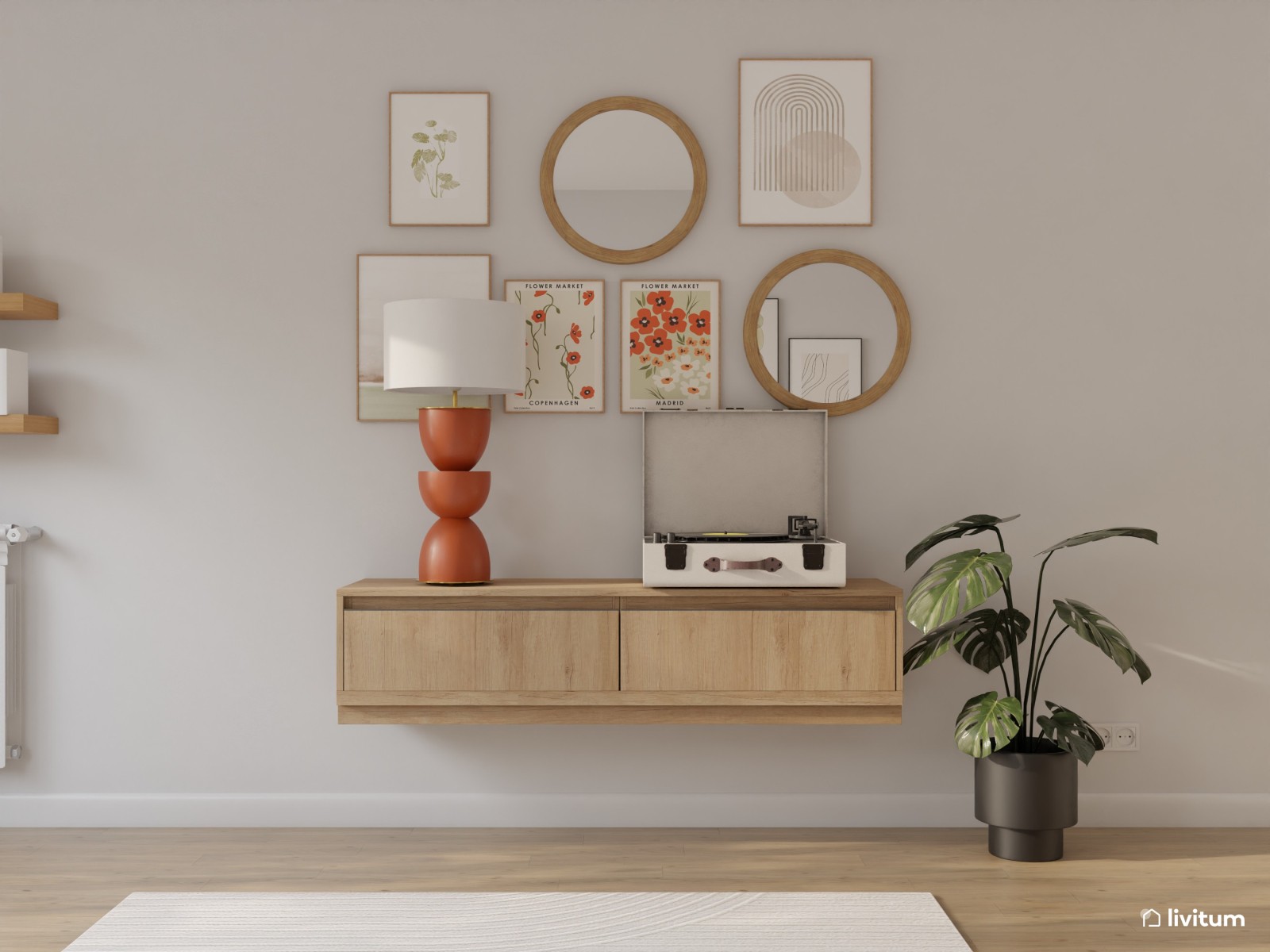 Salón comedor con colores vivos y muebles de madera