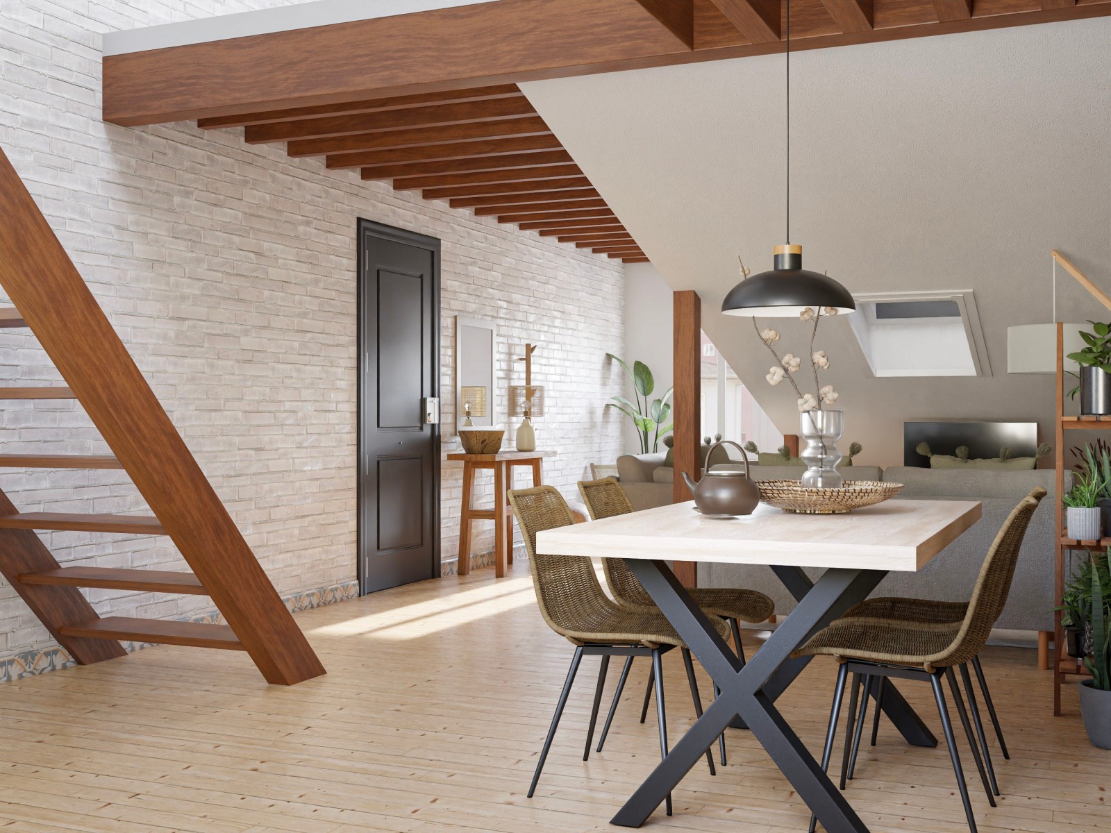 Salón comedor con decoración biofílica y pared de piedra