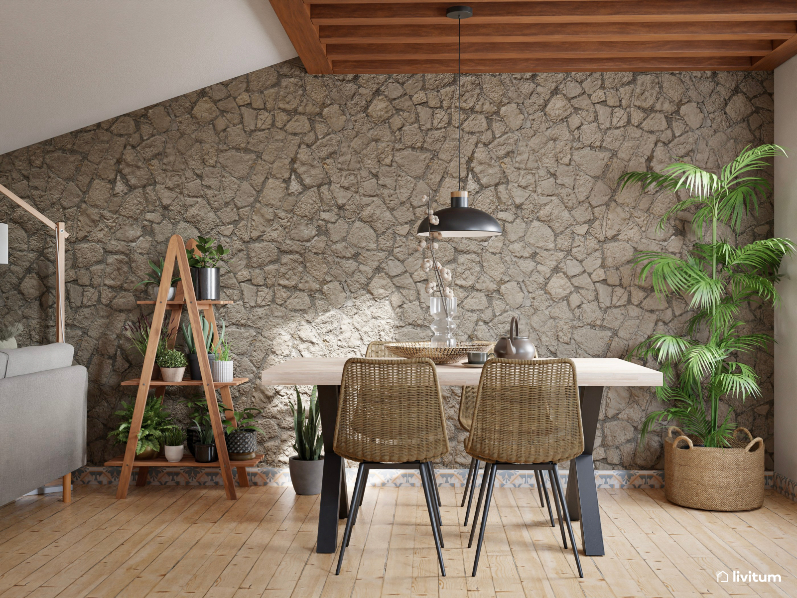 Salón comedor con decoración biofílica y pared de piedra